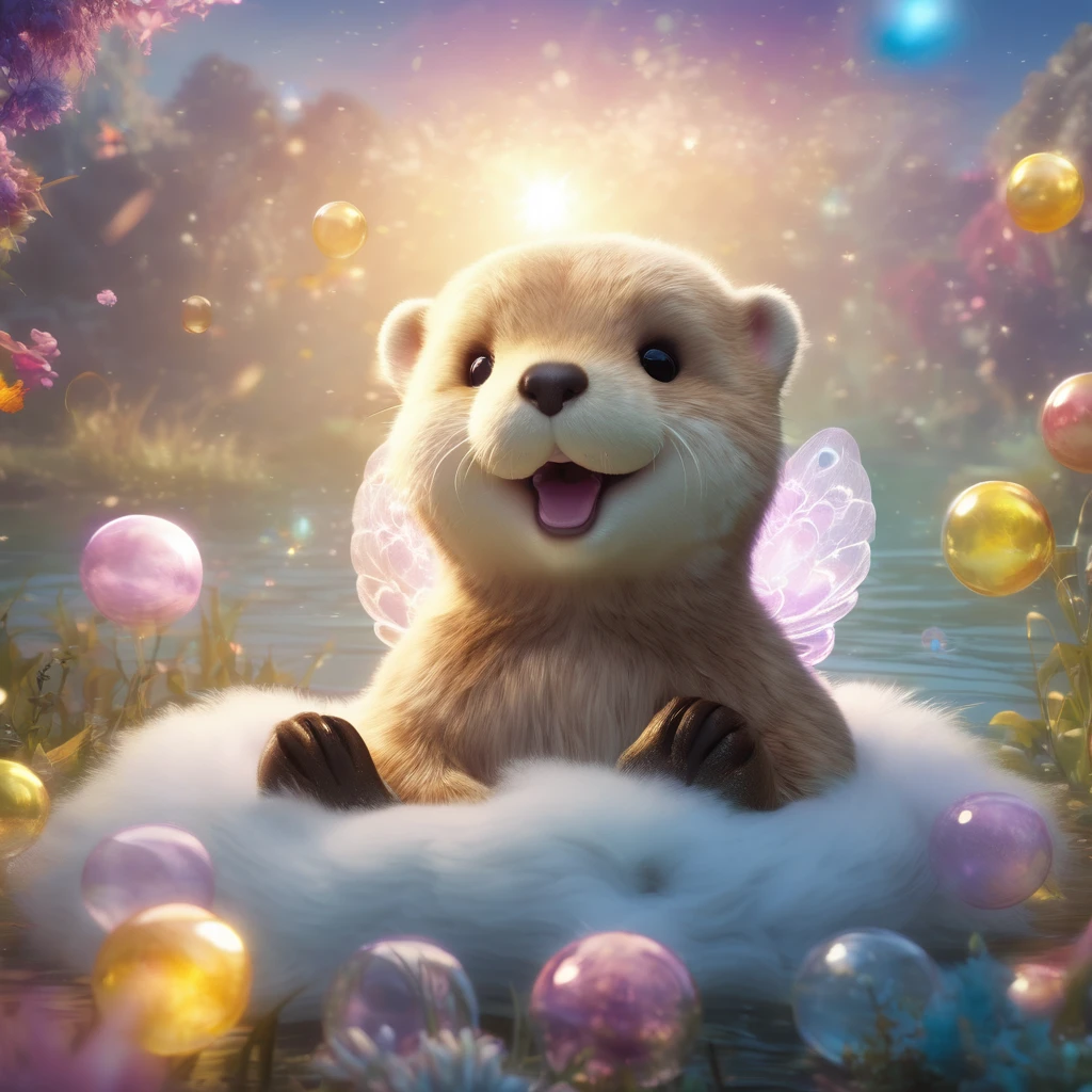 (best quality,4k,8k,highres,masterpiece:1.2),ultra-detailed,(realistic,photorealistic,photo-realistic:1.37),angelic otter with wings and halo,bedroom scene,toys,mischievous,playful,curious eyes,soft fur,ethereal glow,peaceful atmosphere,dream-like,warm lighting,pastel colors,gentle floating,soothing music,whimsical,delicate wings,translucent halo,joyful laughter,happiness,serene expression,plush teddy bear,floating bubbles,comfortable bed,twinkling stars,colorful dreamland,fantasy world,innocence,childhood magic,touch of magic,fairy tale vibes,lighthearted,enchanted moment,imaginative playtime,blissful dreams,floating feathers,fairytale-inspired