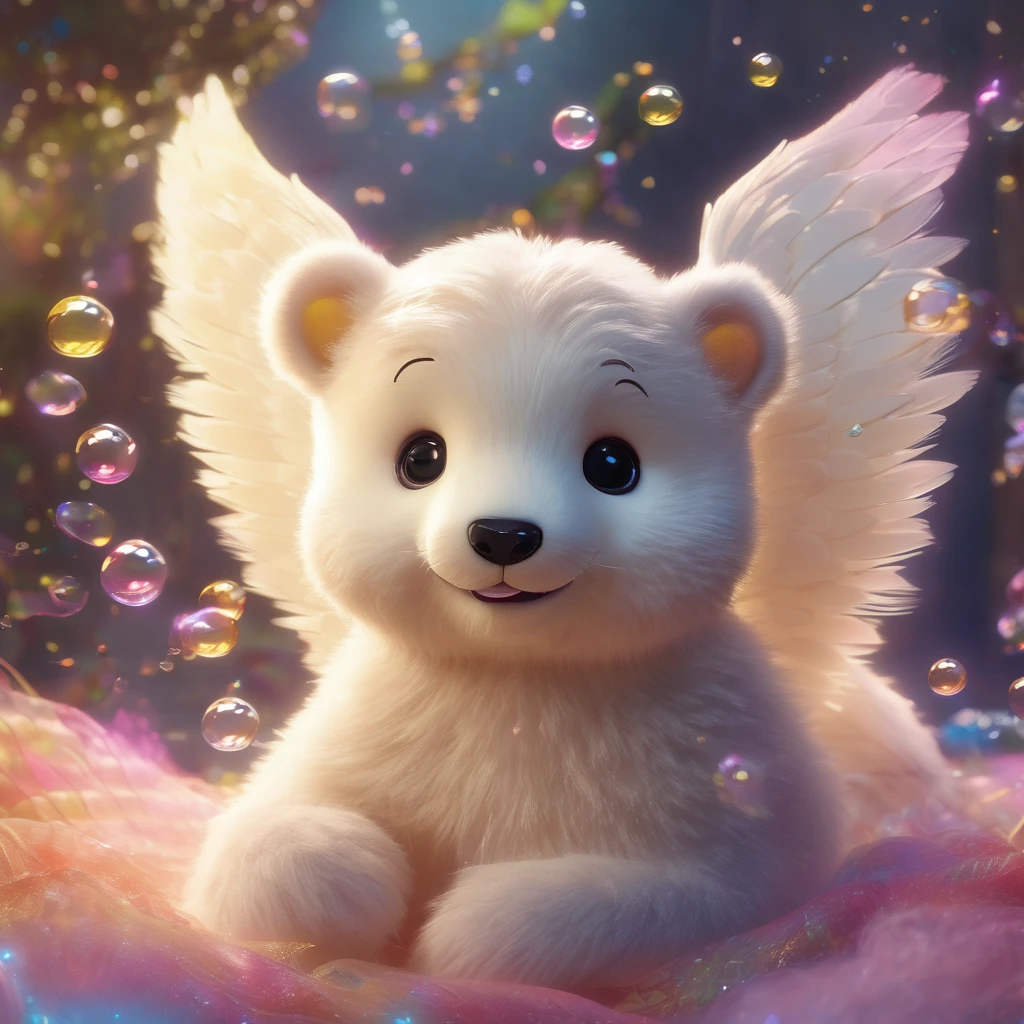 (best quality,4k,8k,highres,masterpiece:1.2),ultra-detailed,(realistic,photorealistic,photo-realistic:1.37),angelic otter with wings and halo,bedroom scene,toys,mischievous,playful,curious eyes,soft fur,ethereal glow,peaceful atmosphere,dream-like,warm lighting,pastel colors,gentle floating,soothing music,whimsical,delicate wings,translucent halo,joyful laughter,happiness,serene expression,plush teddy bear,floating bubbles,comfortable bed,twinkling stars,colorful dreamland,fantasy world,innocence,childhood magic,touch of magic,fairy tale vibes,lighthearted,enchanted moment,imaginative playtime,blissful dreams,floating feathers,fairytale-inspired