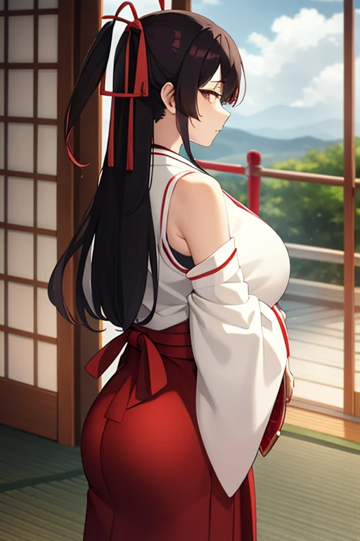 1girl, bangs, bare_shoulders, blue_sky, large breasts, brown_eyes, cloud, cloudy_sky, day, detached_sleeves, fence, hair_between_eyes, hair_ribbon, hakama, hakama_skirt, japanese_clothes, kimono, large_breasts, long_hair, looking_at_viewer, obi, railing, red_hakama, red_ribbon, ribbon, sash, shouji, sky, sliding_doors, solo, tree, veranda, white_kimono
((best quality)), ((masterpiece)), (detailed), Sagirin, tight hakama, ass, big ass shape, gigantic breasts, seductive pose, side view,