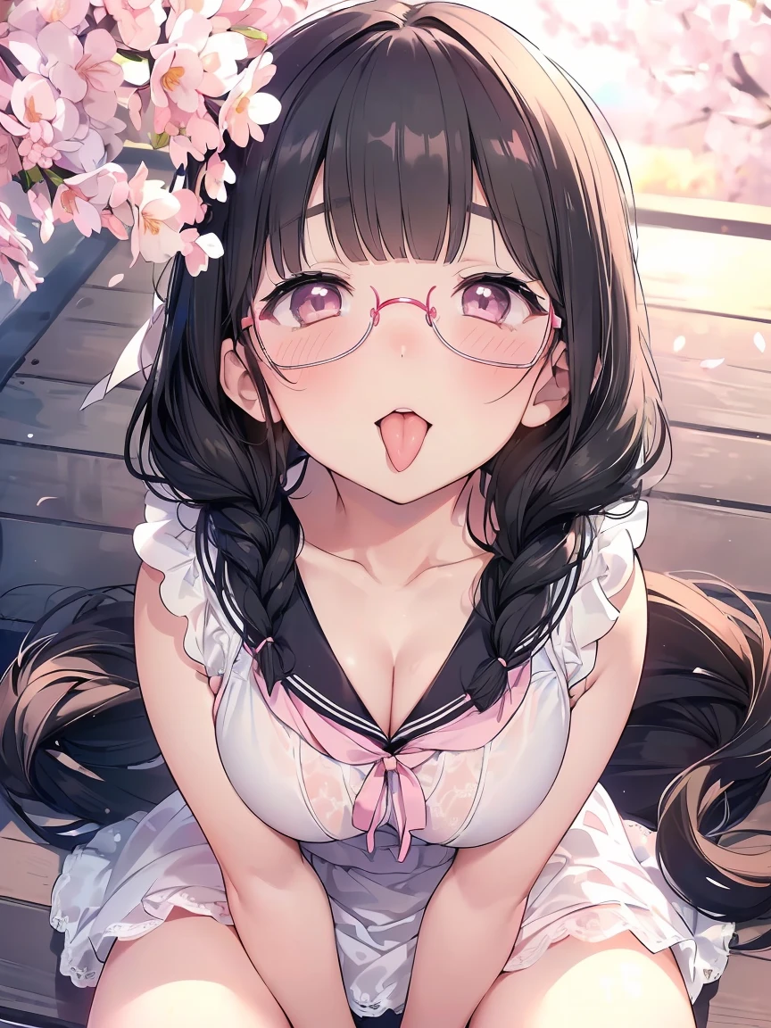 Very detailed, highest quality, High resolution, Moe Anime, ((A cute  with black hair and droopy eyes)), ((Wearing large round glasses:1.4)), (Baby Face), Cute eyes, eye depiction, Sparkle in the eyes, View your viewers, Pale skin, (Droopy eyes:1.4, Fatty face:1.4), smile, Focus on the face, In the park with cherry blossoms falling, Sitting, (Extreme close up of tongue), (((From above))), Open your mouth, (((Face only:1.3))), ((White lace lingerie)), Bright Eyes, Light from the front, (Put your hands between your legs:1.4), (large and long tongue:1.2), Cleavage, Braided Hair, Pink ribbon