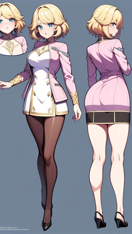 High resolution image, 8k quality, perfectly intricate details, (((perfectly detailed illustration))), 3D anime style, looking at the viewer, (((front view, side view, back view))), (((*attention*))), ( ((same character))), (((same outfit))), (((Character design sheet))), most beautiful imagen of the world, Upskirt.1 girl, solo, most beautiful girl oft he world, (((mature woman))), (((full body))). medium hair, blonde hair, medium breasts. (((perfect and detailed face))), (((very exaggerated puffy cheeks))), (((very exaggerated pout))), mouth, full lips, closed mouth, blush. Perfectly detailed eyes, crying, almond eyes, aquamarine eyes, tears. dress, white and green dress, skirt lifth. pink jacket, open jacket, puff sleeves, long sleeves, hood. standing, legs apart, wide thighs, medium hips. Brown pantyhose, white micro panties, black heels.