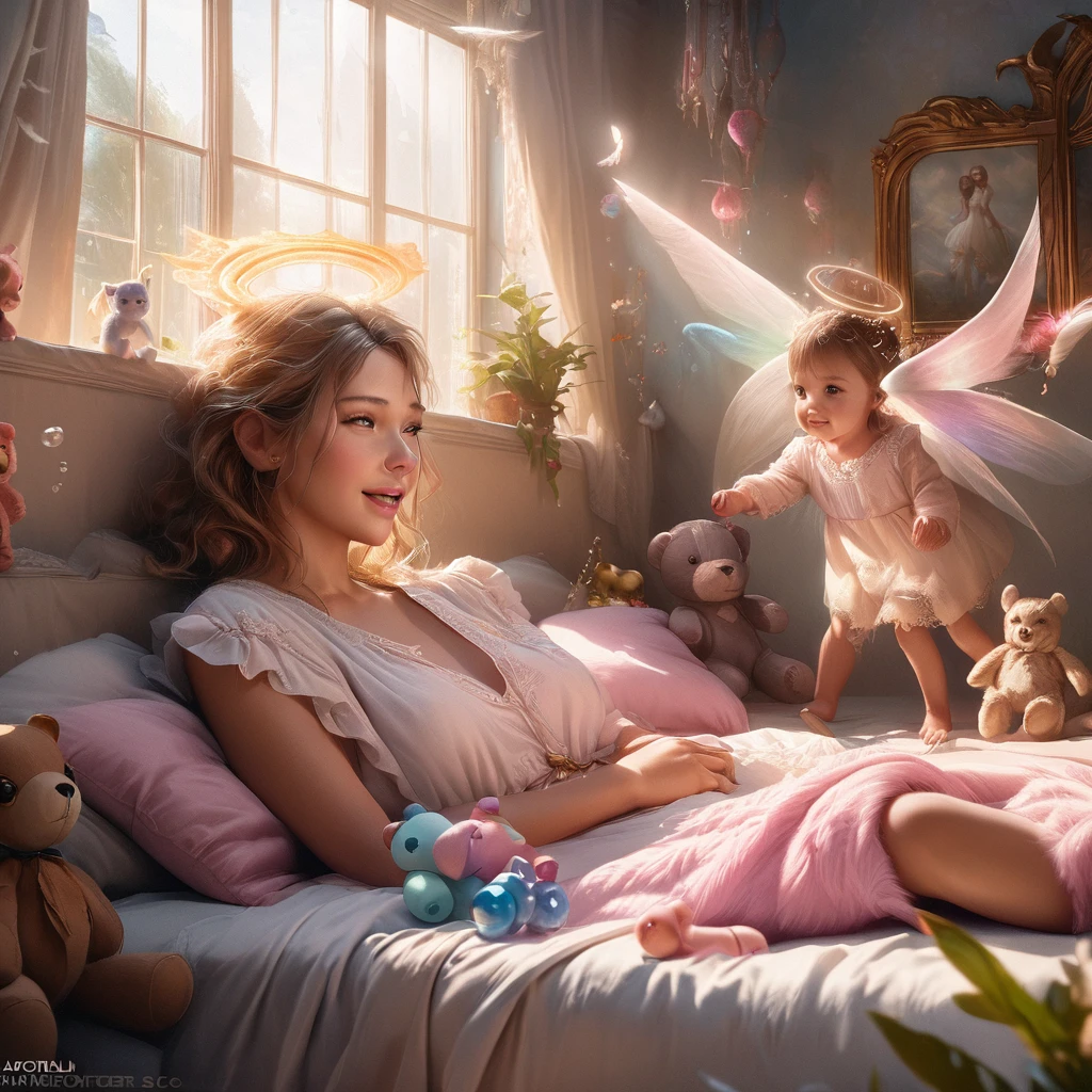 (best quality,4k,8k,highres,masterpiece:1.2),ultra-detailed,(realistic,photorealistic,photo-realistic:1.37),angelic otter with wings and halo,bedroom scene,toys,mischievous,playful,curious eyes,soft fur,ethereal glow,peaceful atmosphere,dream-like,warm lighting,pastel colors,gentle floating,soothing music,whimsical,delicate wings,translucent halo,joyful laughter,happiness,serene expression,plush teddy bear,floating bubbles,comfortable bed,twinkling stars,colorful dreamland,fantasy world,innocence,childhood magic,touch of magic,fairy tale vibes,lighthearted,enchanted moment,imaginative playtime,blissful dreams,floating feathers,fairytale-inspired