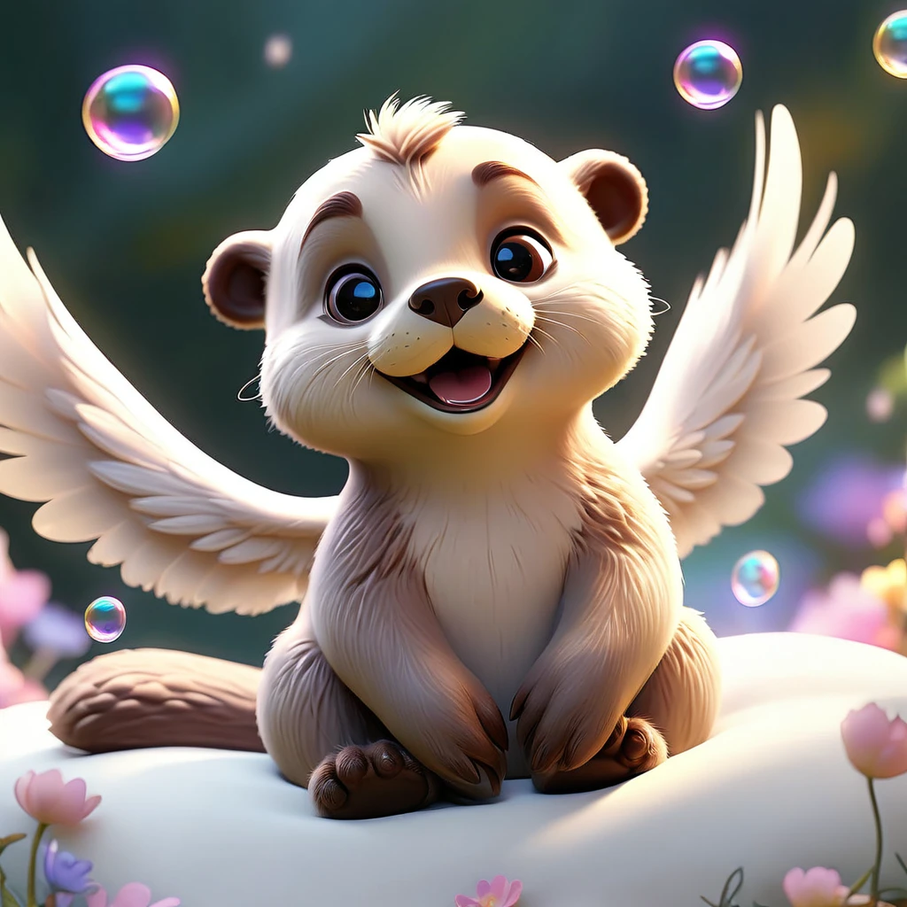 (best quality,4k,8k,highres,masterpiece:1.2),ultra-detailed,(realistic,photorealistic,photo-realistic:1.37),angelic otter with wings and halo,bedroom scene,toys,mischievous,playful,curious eyes,soft fur,ethereal glow,peaceful atmosphere,dream-like,warm lighting,pastel colors,gentle floating,soothing music,whimsical,delicate wings,translucent halo,joyful laughter,happiness,serene expression,plush teddy bear,floating bubbles,comfortable bed,twinkling stars,colorful dreamland,fantasy world,innocence,childhood magic,touch of magic,fairy tale vibes,lighthearted,enchanted moment,imaginative playtime,blissful dreams,floating feathers,fairytale-inspired