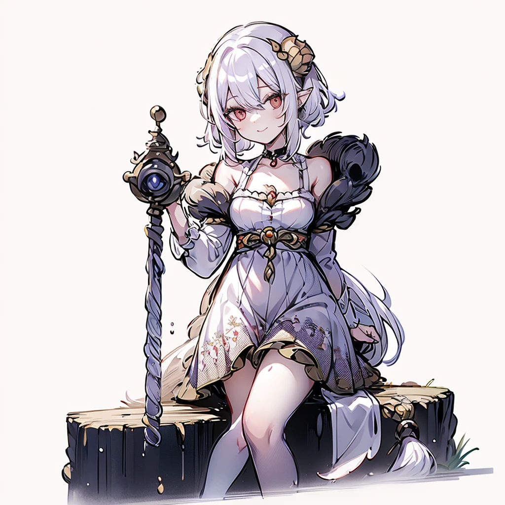 ((masterpiece)), ((bestquality)), (ultra-detailed), 1 girl, white hair, red eyes, w-sitting, detailed face, smile, dragonian_head, dragonian_body, dragonian_hairstyle, dragonian_horns, dragonian_tail, white tail, white long dress, white tights, black choker, silver circlet, hammer in hand, grassland, mountain, clear line, in the middle of picture, beatiful nature background