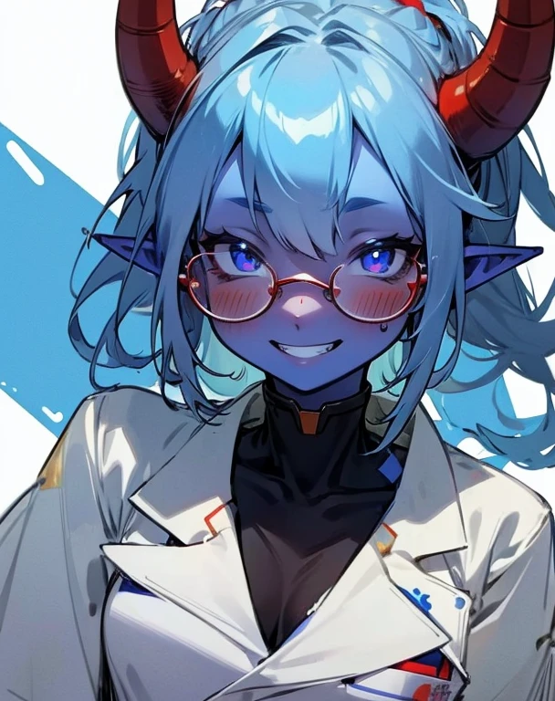 Masterpiece, best quality, expressive eyes, perfect face, 1girl, horns, oni, solo, colored skin, pointy ears, glasses, blue skin, blush, scientist suit, smile, grin, laboratory coat, laboratory room background, 