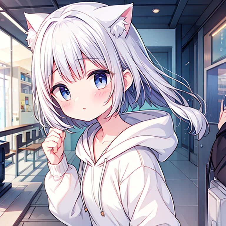 silver hair bob、piece、Cat ear、white hoodie