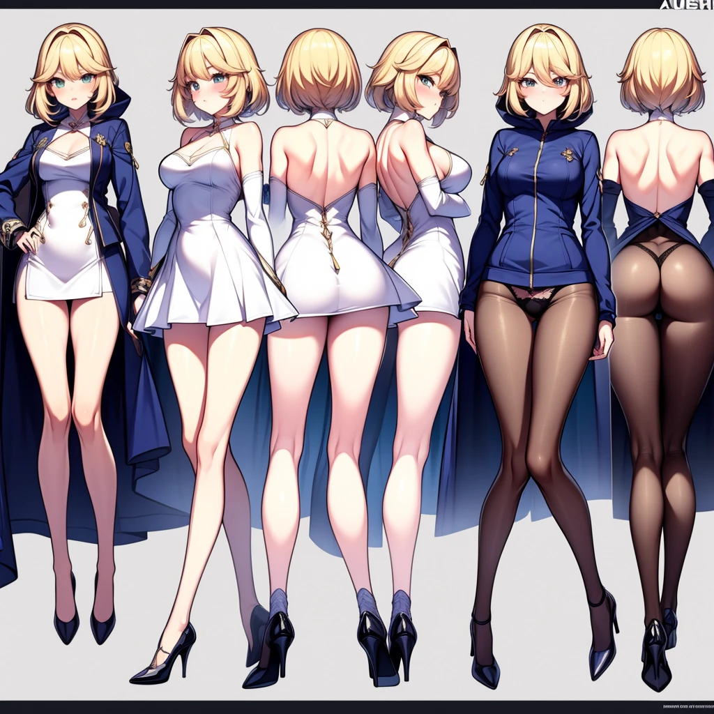 High resolution image, 8k quality, perfectly intricate details, (((perfectly detailed illustration))), 3D anime style, looking at the viewer, (((front view, side view, back view))), (((*attention*))), ( ((same character))), (((same outfit))), (((Character design sheet))), most beautiful imagen of the world, Upskirt.1 girl, solo, most beautiful girl oft he world, (((mature woman))), (((full body))). medium hair, blonde hair, medium breasts. (((perfect and detailed face))), (((very exaggerated puffy cheeks))), (((very exaggerated pout))), mouth, full lips, closed mouth, blush. Perfectly detailed eyes, crying, almond eyes, aquamarine eyes, tears. dress, white and green dress, skirt lifth. pink jacket, open jacket, puff sleeves, long sleeves, hood. standing, legs apart, wide thighs, medium hips. Brown pantyhose, white micro panties, black heels.