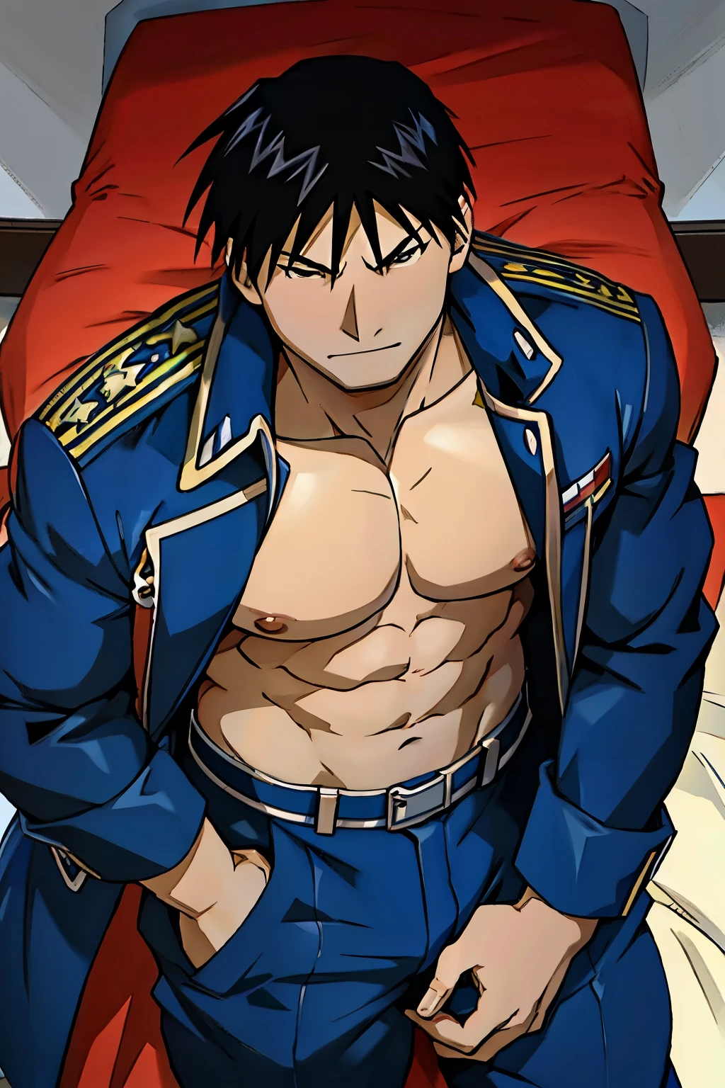 Roy Mustang from Full Metal Alchemist, bodybuilder, shirtless, without shirt, shirtless, seen from above
