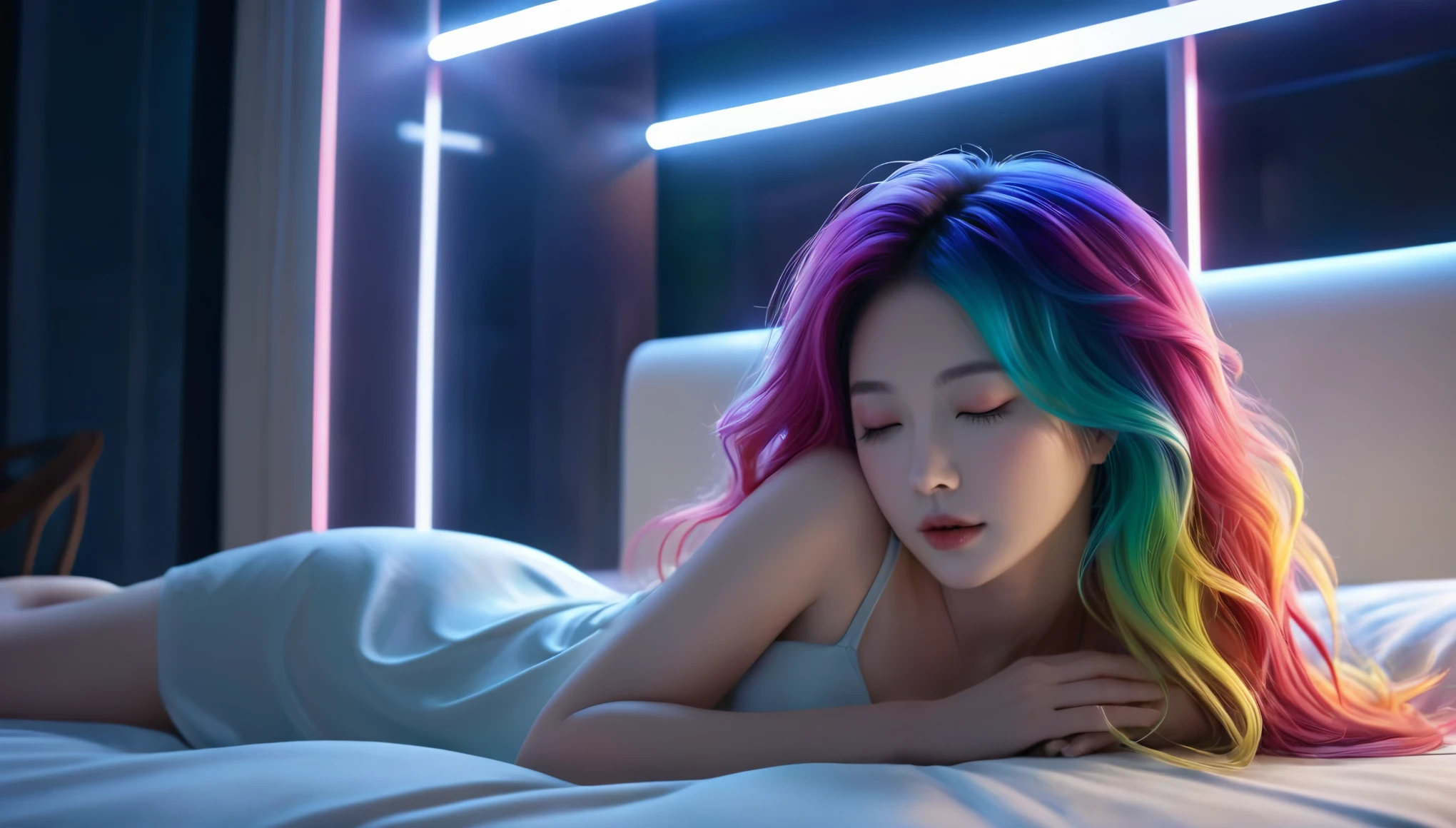 (best quality,8k,ultra-detailed:1.2),(CG,CG art,3D rendering),(masterpiece:1.2),（Crawling on the table），（Sexy clothing），(movie lighting,futuristic),(woman lying in bed,sleeping,closed eyes),(large window behind her,tranquil night),(colorful hair:1.5)