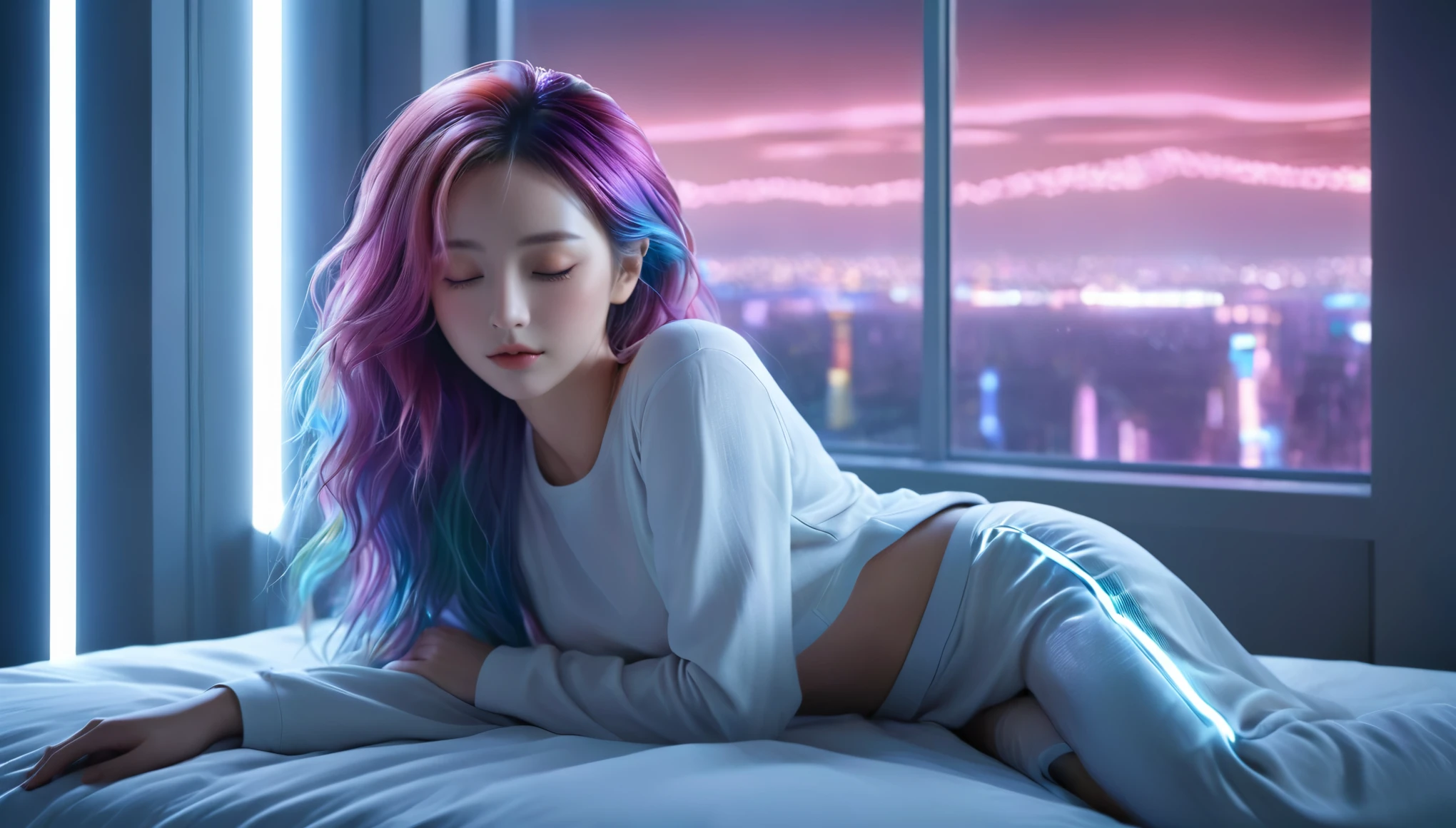 (best quality,8k,ultra-detailed:1.2),(CG,CG art,3D rendering),(masterpiece:1.2),(Crawling on the table),(Sexy clothing),(movie lighting,futuristic),(woman lying in bed,sleeping,closed eyes),(large window behind her,tranquil night),(colorful hair:1.5)