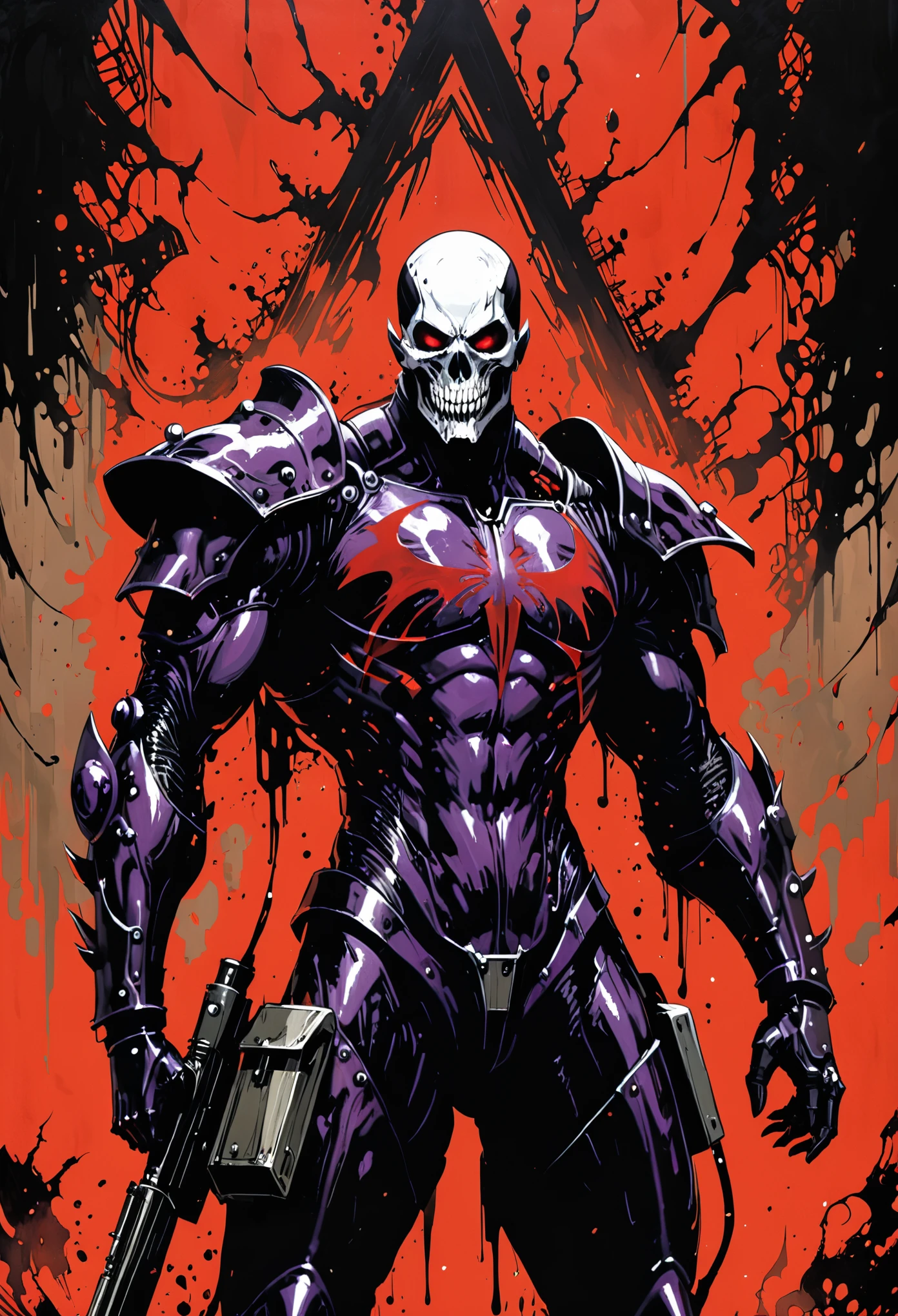 in style of Francesco Francavilla,in style of Ashley Wood,1boy,role conception,terror blood,((death sign)),very detailed,more details,smooth and smooth strokes,shiny black|light red|dark purple Mandelbrot bodysuit armor,Portable heavy weapons,((muscular)),Miracle celestial body