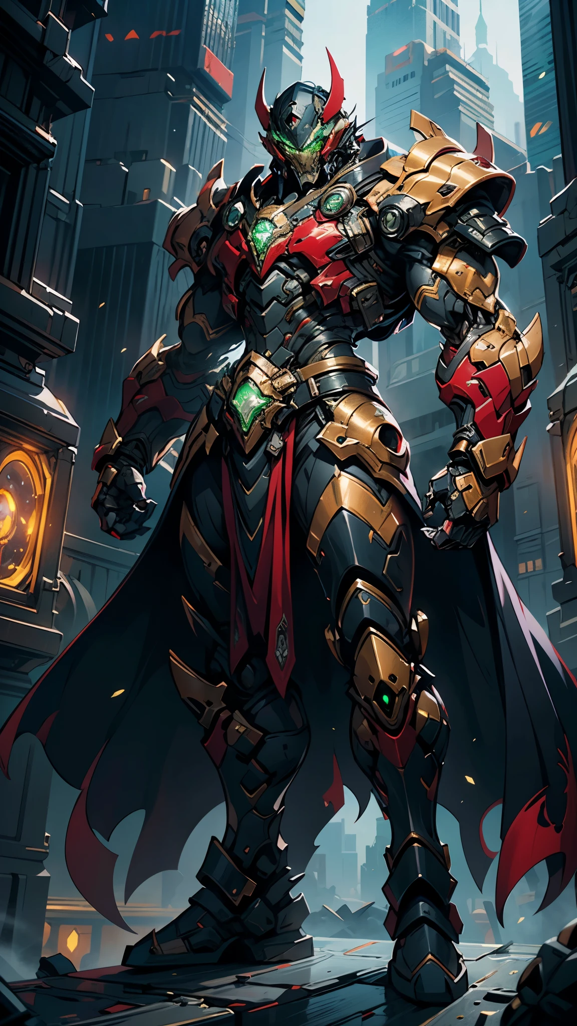 A man wearing a full-face helmet, a fantasy-style biotech armored combat suit, green eyes, (a composite layered chest armor), fully enclosed shoulder guards, matching arm and leg guards, the belt is adorned with fangs biting into orbs, (the color scheme is primarily black with red accents), the design balances heavy with agility, a high-tech bio-mecha armor, (Bat concept Armor, stand on the top of a skyscraper in a futuristic sci-fi city), this character embodies a finely crafted fantasy-surreal style armored hero in anime style, exquisite and mature manga art style, (element, plasma, energy, the armor glows), ((male:1.5)), metallic, real texture material, dramatic, high definition, best quality, highres, ultra-detailed, ultra-fine painting, extremely delicate, professional, perfect body proportions, golden ratio, anatomically correct, symmetrical face, extremely detailed eyes and face, high quality eyes, creativity, RAW photo, UHD, 32k, Natural light, cinematic lighting, masterpiece-anatomy-perfect, masterpiece:1.5