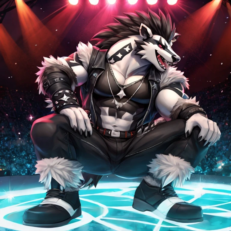 obstagoon, full body,score_9, score_8_up, score_7_up, score_6_up, score_5_up, score_4_up,((obstagoon(pokemon),male furry)), red eyes, (pose:1.3), (posing:1.3), (soft shading), 4k, hi res, five fingers, detailed hands, ((detailed face, (detailed eyes:1.3), detailed)), (((full body))),show legs,show feet,(by metokuron:1.5), solo, looking at viewer, 1boy, standing, male focus,((topless,bottomless)), abs, biceps, flexing, smile,