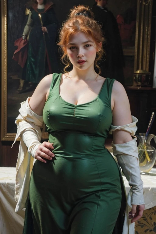 (Masterpiece), (detailed), (high res), (high quality), medieval painting of pudgy knight girl, ginger curly hair, armor, green garments, curvy body, wide hips, knight armor, garments under armor, white and greeb garments, hair tied up, shoulder pads, equipped with sword,