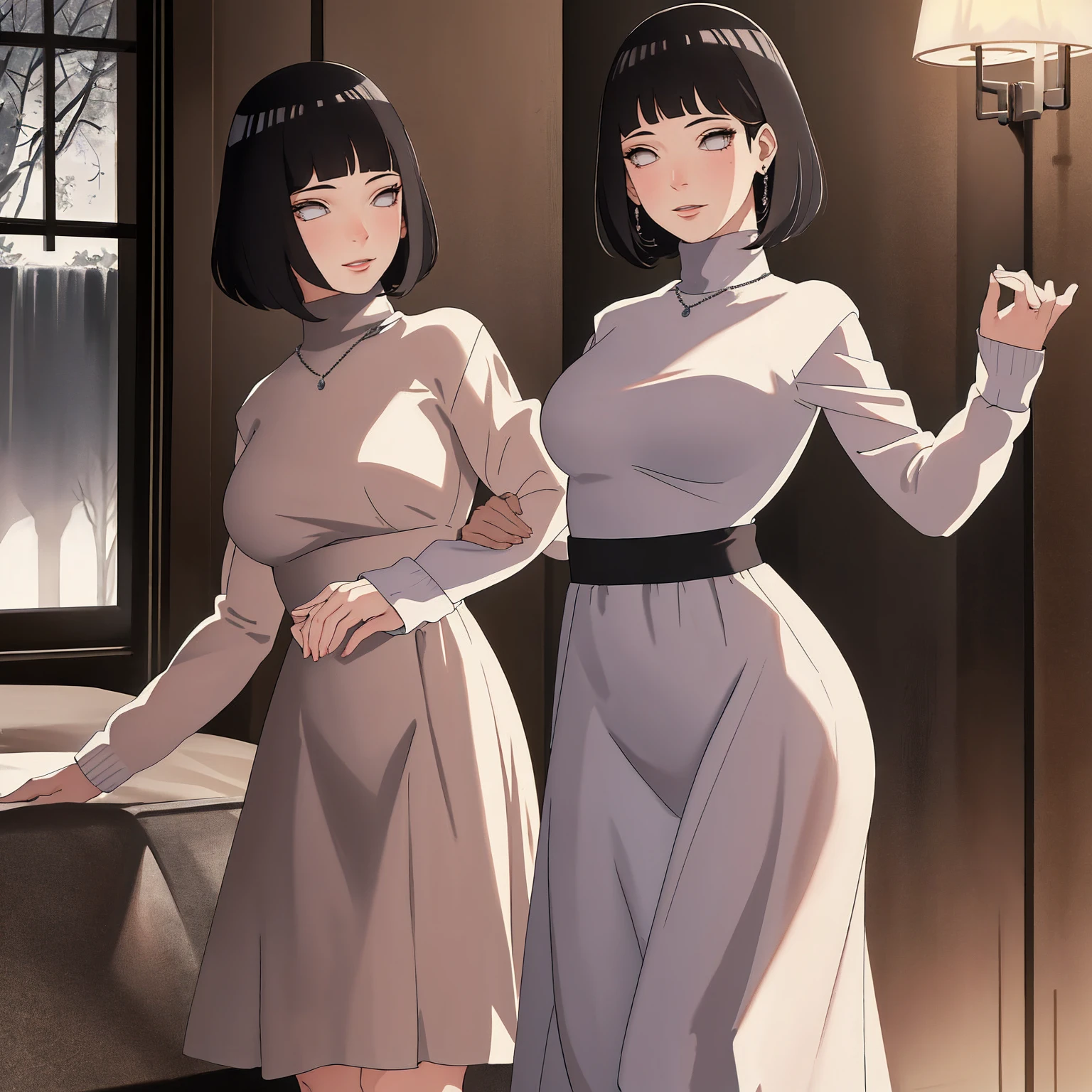 (Masterpiece - Ultra-Detailed, High Resolution) Prepare to be enchanted by a true masterpiece that combines ultra-detailed art with high-resolution rendering. This work shows a mesmerizing woman, with short, light black hair, 1950s style, Hinata (1.3) and captivating dark brown eyes (1.2), New York illustration style, wearing red lipstick, emanating an aura of elegance and mystery. Wearing classic 1950s clothing. sexy. Intricate details and realistic textures invite you to explore every aspect of this enchanting composition. Transparent white dress. Dancing lithly, dynamic poses, mouth closed. Different posture. . Get ready to dive into a world where beauty and craftsmanship merge perfectly.