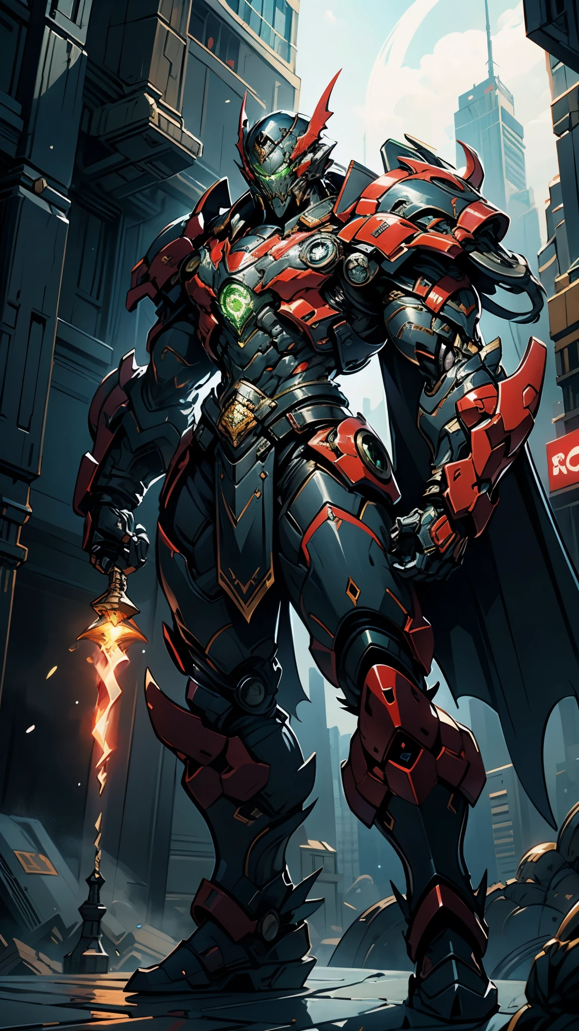 A man wearing a full-face helmet, a fantasy-style biotech armored combat suit, green eyes, (a composite layered chest armor), fully enclosed shoulder guards, matching arm and leg guards, the belt is adorned with fangs biting into orbs, (the color scheme is primarily black with red accents), the design balances heavy with agility, a high-tech bio-mecha armor, (Bat concept Armor, stand on the top of a skyscraper in a futuristic sci-fi city), this character embodies a finely crafted fantasy-surreal style armored hero in anime style, exquisite and mature manga art style, (element, plasma, energy, the armor glows), ((male:1.5)), metallic, real texture material, dramatic, high definition, best quality, highres, ultra-detailed, ultra-fine painting, extremely delicate, professional, perfect body proportions, golden ratio, anatomically correct, symmetrical face, extremely detailed eyes and face, high quality eyes, creativity, RAW photo, UHD, 32k, Natural light, cinematic lighting, masterpiece-anatomy-perfect, masterpiece:1.5