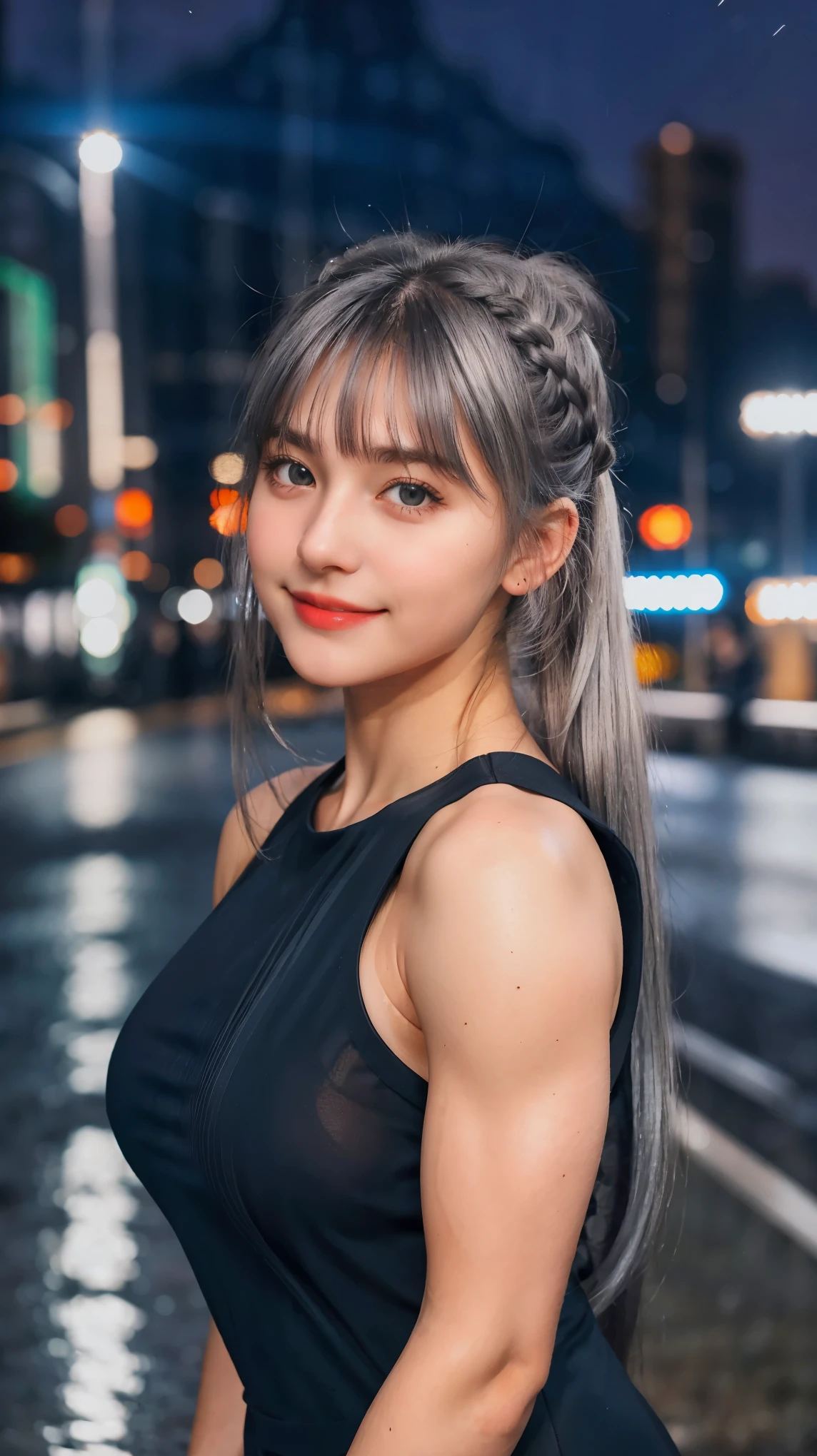 1 Girl, Beautiful, Baby Face, 20 Years Old, White Skin, Large Breasts, Black See Through Dress, ((muscles:1.3)), ((Night Mountain Outdoor)), Sexy Look, Girly Pose, Grey Hair Bangs, Silver Twintail, ((adorable:1.1)), ((masterpiece:1.1)), Cute Face, ((Nightly:1.3)), Black Coloured, Candid, Smile