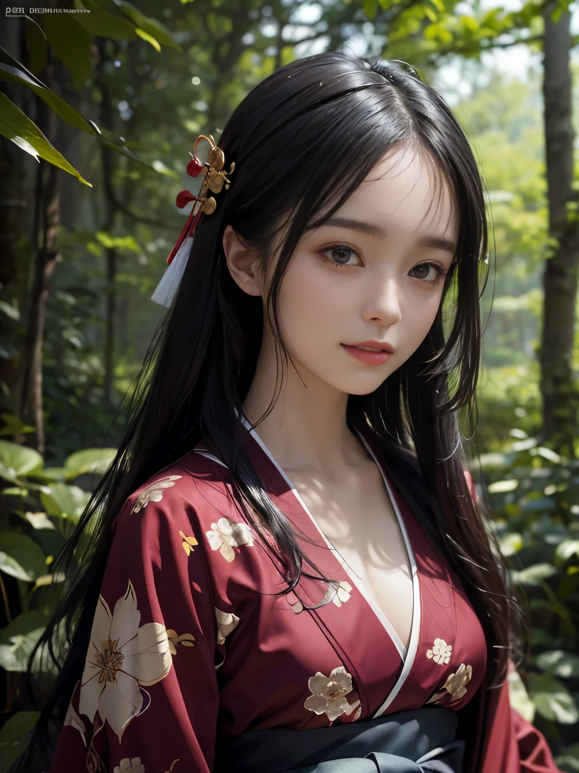 (ultra realistic) , (illustration), (increase resolution), (8K), (extremely detailed), (best illustration), (beautiful detailed eyes), (best quality), (ultra-detailed), (masterpiece), (wallpaper), (detailed face), solo,1 girl, looking at viewers, black straight hair, delicate details, in the dark, deep shadow, low key, pureerosfaceace_v1, happy smile, japanese kimono costume, full body, forest