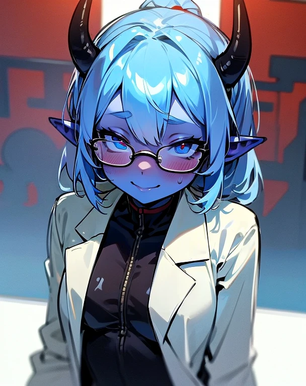 Masterpiece, best quality, expressive eyes, perfect face, 1girl, horns, oni, solo, colored skin, pointy ears, glasses, blue skin, blush, scientist suit, smile, laboratory coat, laboratory room background,
