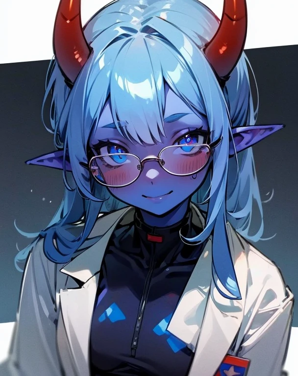 Masterpiece, best quality, expressive eyes, perfect face, 1girl, horns, oni, solo, colored skin, pointy ears, glasses, blue skin, blush, scientist suit, smile, laboratory coat, laboratory room background, 