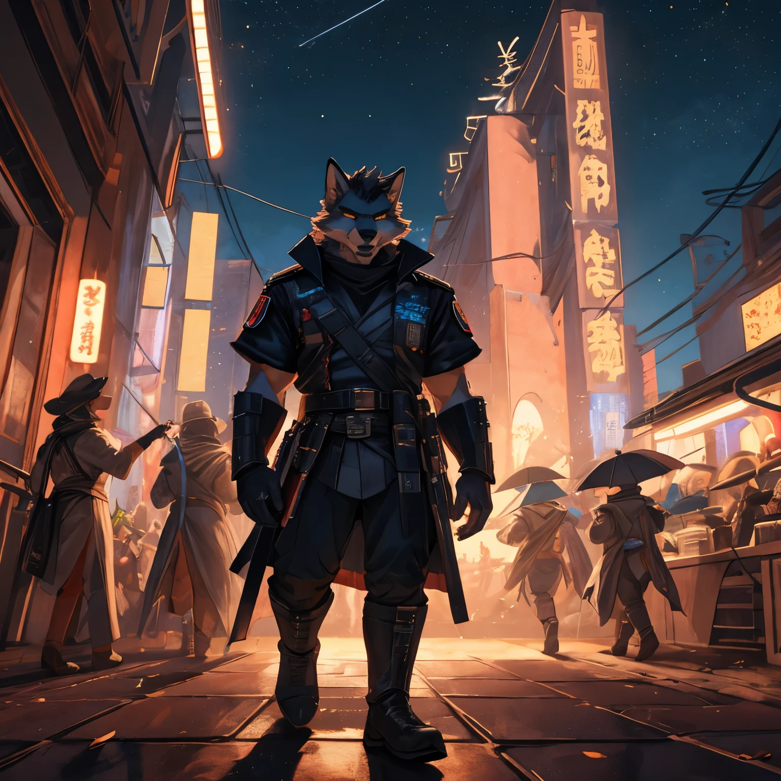 En este dibujo de estilo anime, un lobo furry gris con mechones rojos viste una chamarra negra, Military trousers, botas negras. montado en un carro de 1969 negro con franjas rojas. It is at night, being an epic and very beautiful scene reminiscent of the movie Blade Runner 2049 thanks to its aesthetics in the environment.