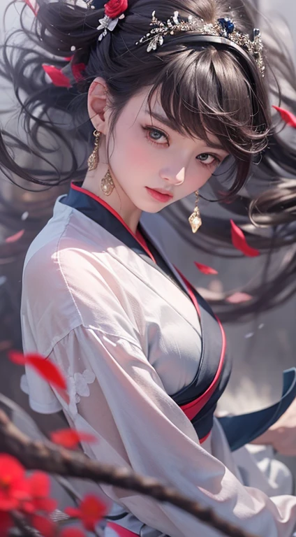 Super high quality, masterpiece, perfect illustration, extreme detail (exquisite light and shadow, highly dramatic picture,) Stroke, 1 girl, solo, (wearing red, black and white Hanfu,) flower field, flowers, (white smoke:1.3) (Realistic:1.4), Zen entanglement, tangled, official art, Unity 8k wallpaper, super detailed, beautiful and beautiful, masterpiece, best quality, (dynamic angle: 1.4), glowing skin, (floating colorful flashes: 1) the most beautiful chaotic forms, elegant, brutalist design, Bright colors, romantic depth of field exotic_dance, half_naked