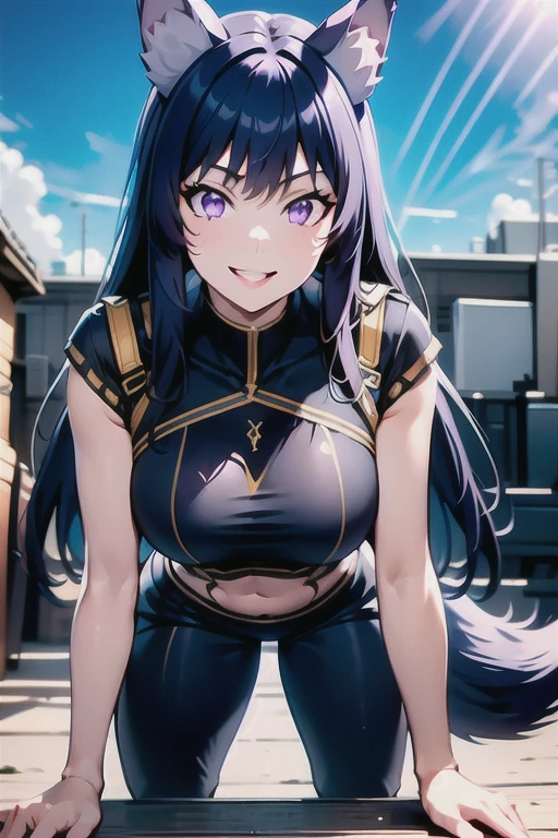 best quality, masterprice, 1girl, (solo:1.1), raytracing, ultra detailed,detailed face, 8k wallpaper, large breasts, smile, wide hips, outdoor, sitting outdoor,  DeltaNDV, long hair, animal ears, purple eyes, bangs, wolf ears, looking at viewer, wolf tail, tight clothes, bent over, crop top, leggings, crazy smile, crazy eyes, showing her ass, 