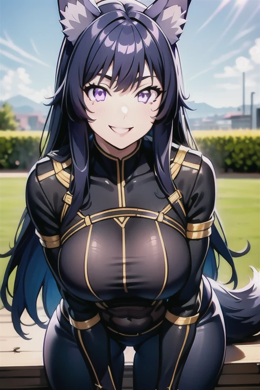 best quality, masterprice, 1girl, (solo:1.1), raytracing, ultra detailed,detailed face, 8k wallpaper, large breasts, smile, wide hips, outdoor, sitting outdoor,  DeltaNDV, long hair, animal ears, purple eyes, bangs, wolf ears, looking at viewer, wolf tail, tight clothes, bent over, crop top, leggings, crazy smile, crazy eyes, showing her ass, 