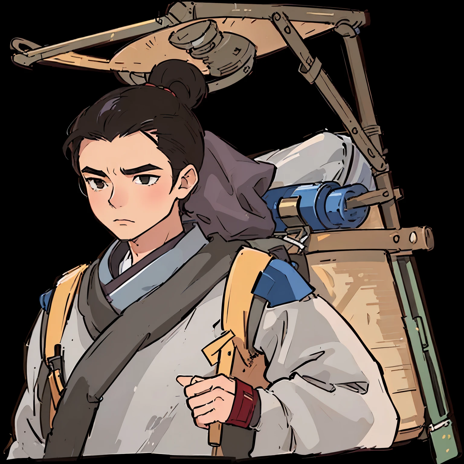 Cartoon image of man carrying backpack and satchel, Shikanosuke Yagaki, Since the Warring States Period, Kenji Tsuruta, inspired by Cao Zhibai, heise jinyao, Goto Koharu, Inspired by Toshusai Sharaku, Inspired by Zhou Wentianchong, Inspired by Dong Yuan