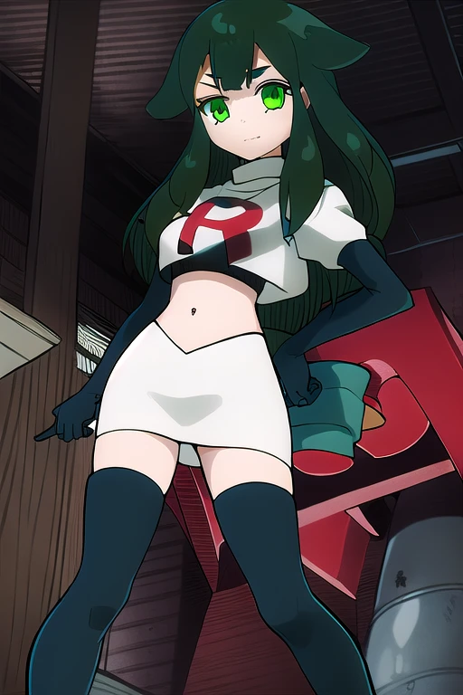masterpiece, highly detailed, 1girl, utsutsu, green hair, green eyes, bow, team rocket,team rocket uniform,white skirt,red letter R,crop top,black thigh-highs,black elbow gloves