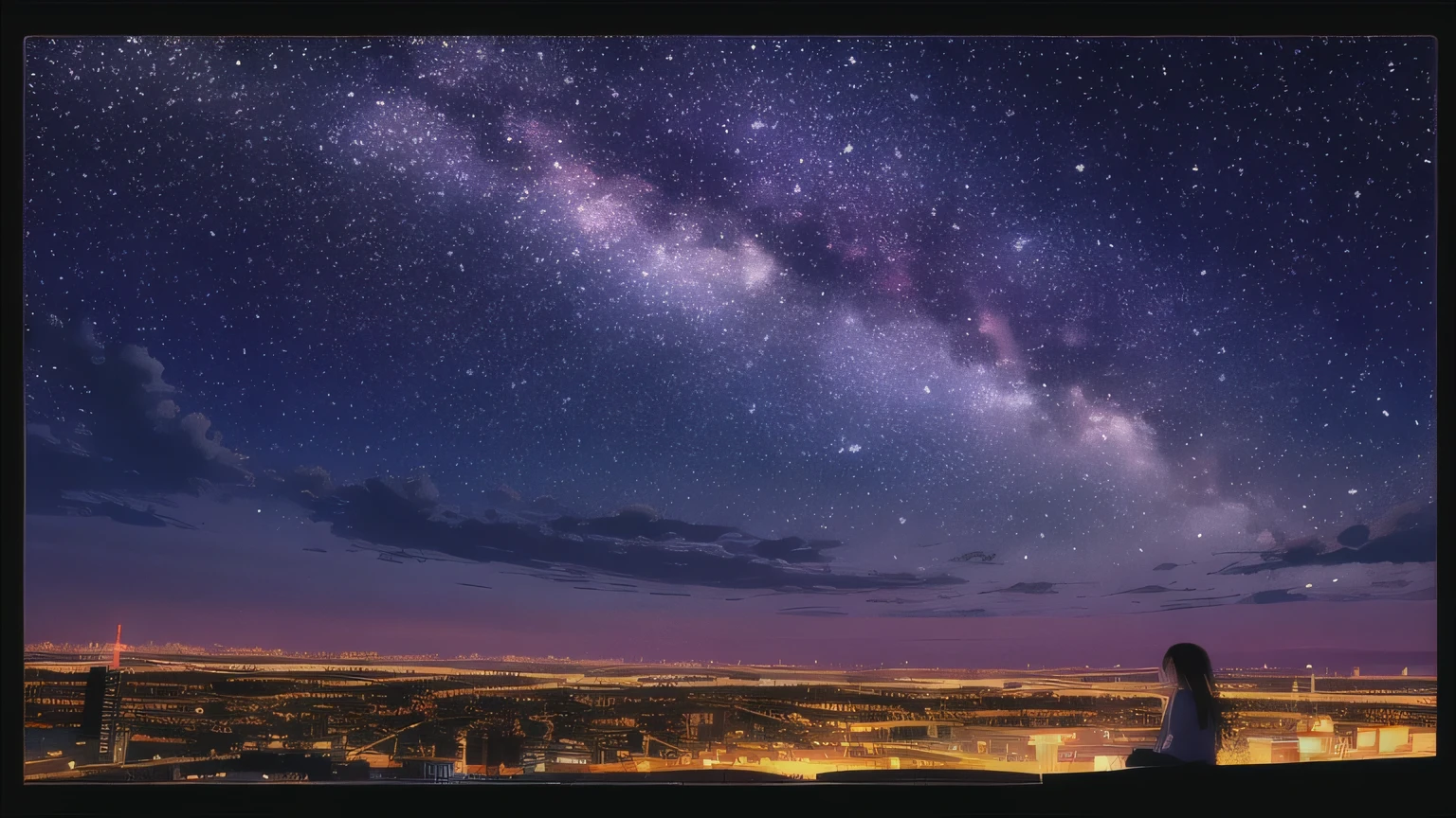 Octane, null, star (null), scenery, starry null, night, One girl, night null, alone, Outdoor, sign, building, cloud, milky way, Sitting, wood, Long Hair, city, silhouette, cityscape