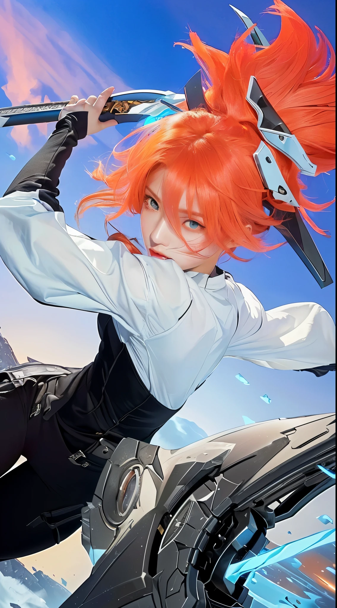 (best quality,highres,realistic:1.2),vivid colors,sharp focus,anime,character design,detailed eyes,detailed lips,red hair,sword,orange hair,girls,stylish background,action scene,eye-catching pose,strong perspective,lighting effects,emotional expression.