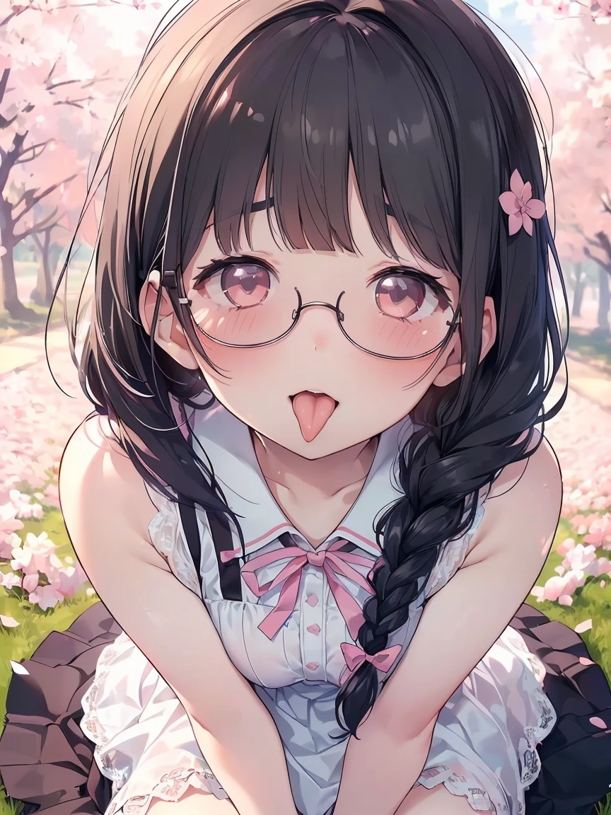 Very detailed, highest quality, High resolution, Moe Anime, ((A cute  with black hair and droopy eyes)), ((Wearing large round glasses:1.4)), (Baby Face), Cute eyes, eye depiction, Sparkle in the eyes, View your viewers, Pale skin, (Droopy eyes:1.4, Fatty face:1.4), smile, Focus on the face, In the park with cherry blossoms falling, Sitting, (Extreme close up of tongue), (((From above))), Open your mouth, (((Face only:1.3))), ((white lace sleeveless dress)), Bright Eyes, Light from the front, (Put your hands between your legs:1.4), (large and long tongue:1.2), Cleavage, Braided Hair, Pink ribbon