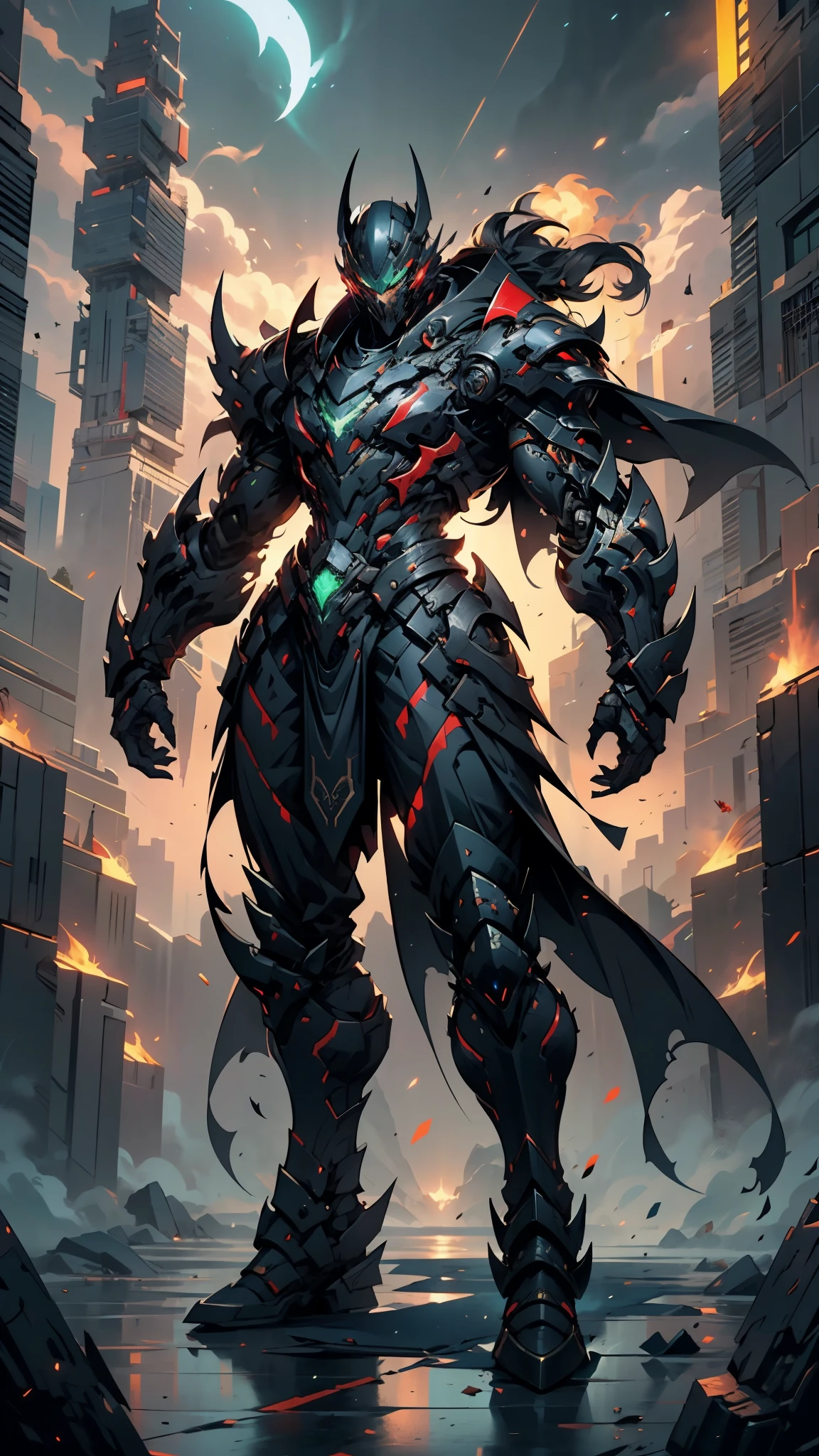 A man wearing a full-face helmet, a fantasy-style biotech armored combat suit, green eyes, (a composite layered chest armor), fully enclosed shoulder guards, matching arm and leg guards, the belt is adorned with fangs biting into orbs, (the color scheme is primarily black with red accents), the design balances heavy with agility, a high-tech bio-mecha armor, (Bat concept Armor, stand on the top of a skyscraper in a futuristic sci-fi city), this character embodies a finely crafted fantasy-surreal style armored hero in anime style, exquisite and mature manga art style, (element, plasma, energy, the armor glows), ((male:1.5)), metallic, real texture material, dramatic, high definition, best quality, highres, ultra-detailed, ultra-fine painting, extremely delicate, professional, perfect body proportions, golden ratio, anatomically correct, symmetrical face, extremely detailed eyes and face, high quality eyes, creativity, RAW photo, UHD, 32k, Natural light, cinematic lighting, masterpiece-anatomy-perfect, masterpiece:1.5