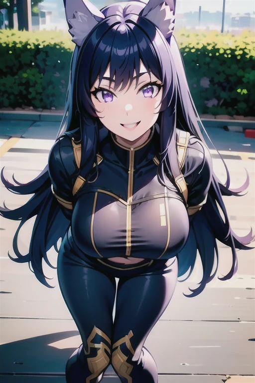 best quality, masterprice, 1girl, (solo:1.1), raytracing, ultra detailed,detailed face, 8k wallpaper, large breasts, smile, wide hips, outdoor, sitting outdoor,  DeltaNDV, long hair, animal ears, purple eyes, bangs, wolf ears, looking at viewer, wolf tail, tight clothes, bent over, crop top, leggings, crazy smile, crazy eyes, showing her ass, 