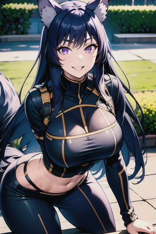 best quality, masterprice, 1girl, (solo:1.1), raytracing, ultra detailed,detailed face, 8k wallpaper, large breasts, smile, wide hips, outdoor, sitting outdoor,  DeltaNDV, long hair, animal ears, purple eyes, bangs, wolf ears, looking at viewer, wolf tail, tight clothes, bent over, crop top, leggings, crazy smile, crazy eyes, showing her ass, 