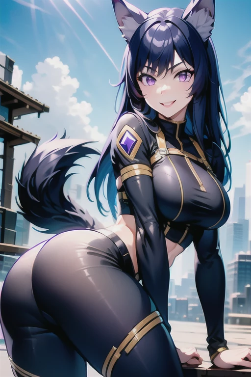 best quality, masterprice, 1girl, (solo:1.1), raytracing, ultra detailed,detailed face, 8k wallpaper, large breasts, smile, wide hips, outdoor, sitting outdoor, DeltaNDV, long hair, animal ears, purple eyes, bangs, wolf ears, looking at viewer, wolf tail, tight clothes, bent over, crop top, leggings, crazy smile, crazy eyes, showing her ass,