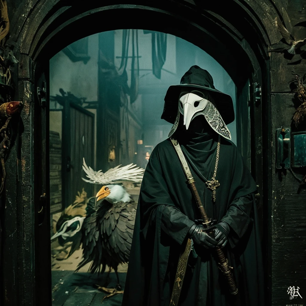 A plague doctor wearing a creepy bird mask and decorated in black holding a sword peers out from a dark doorway。
