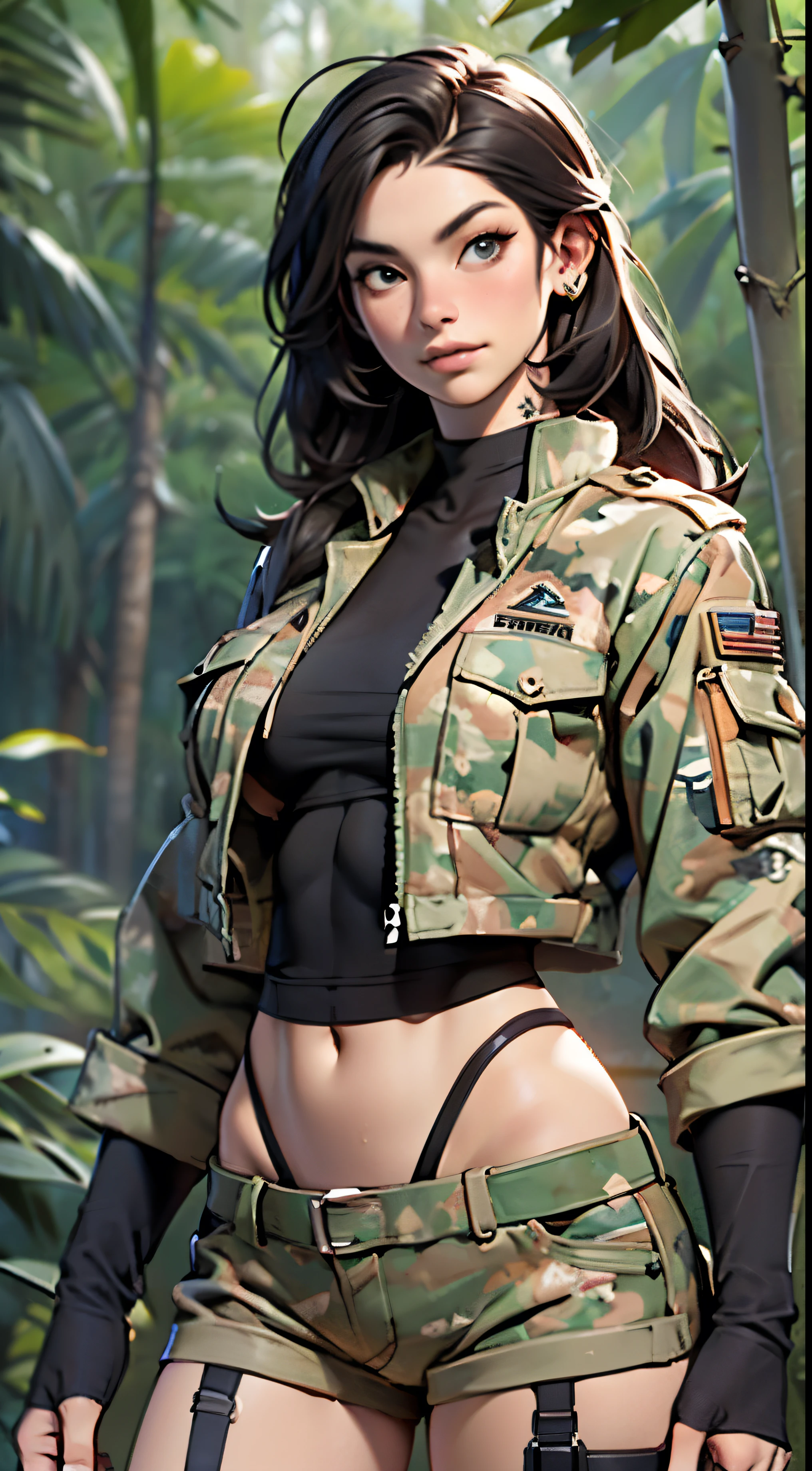 (((Best quality: 1.4))),(Unbeatable masterpiece), (hyper HD),(Hyper-realistic 8k CG)、 ((( body))), (((1 girl in))), 25-year-old American soldier with perfect body,,Beautiful and well groomed face,muscular body:1.2,detail camouflage jacket, Camouflage vest、 (Pictures from head to thighs),clean abs, Complex equipment, Dark Green,With white stars and off-white stripes,,,,, armour, Poison tattoos ), jungle, forest,