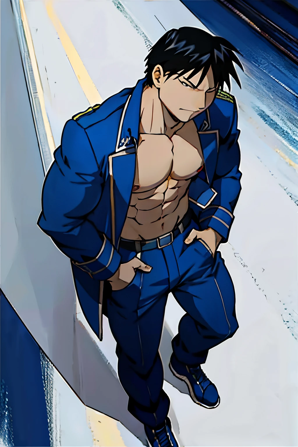 Roy Mustang from Full Metal Alchemist, bodybuilder, shirtless, shirtless, seen from above, with their hands in their pockets