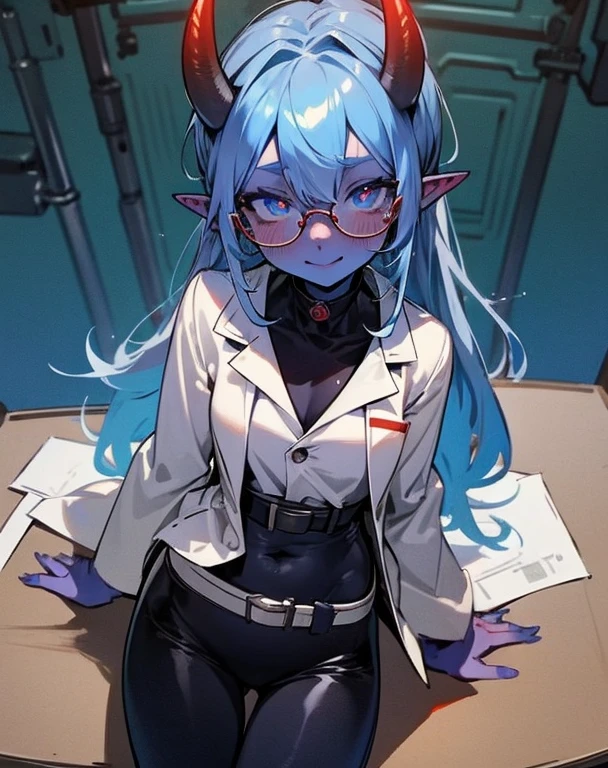 Masterpiece, best quality, expressive eyes, perfect face, 1girl, horns, oni, solo, colored skin, pointy ears, glasses, blue skin, blush, scientist suit, smile, laboratory coat, laboratory room background,sitting, belt, leggings, cowboy shot