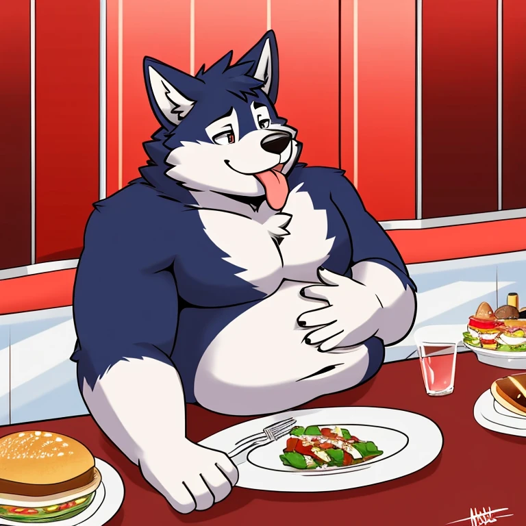 Solo, husky, fat, sitting in a dining booth, American diner setting, hand on belly, resting arm on chair, tongue out, several plates stacked on table