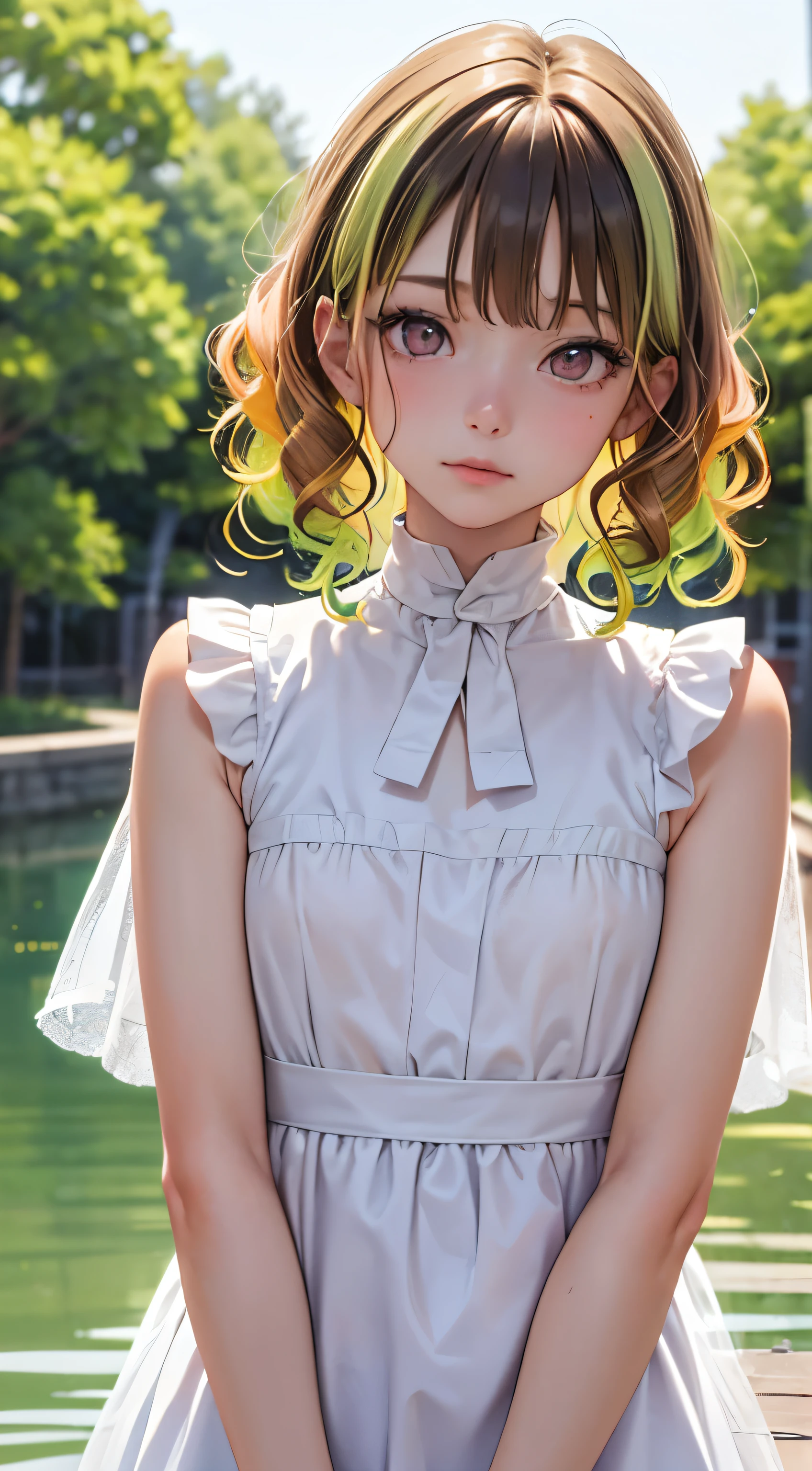 One woman, alone, alone Focus,Full Shot,Beaver,Half water color, Half Green, ((Brown Hair)), (Yellow Hair), (Gradient Hair :1.5), Curly Hair, ((Pink Eyes)), Ultra-detailed eyes, work, White see-through, (Small TI quality, Very detailed,Full Shot