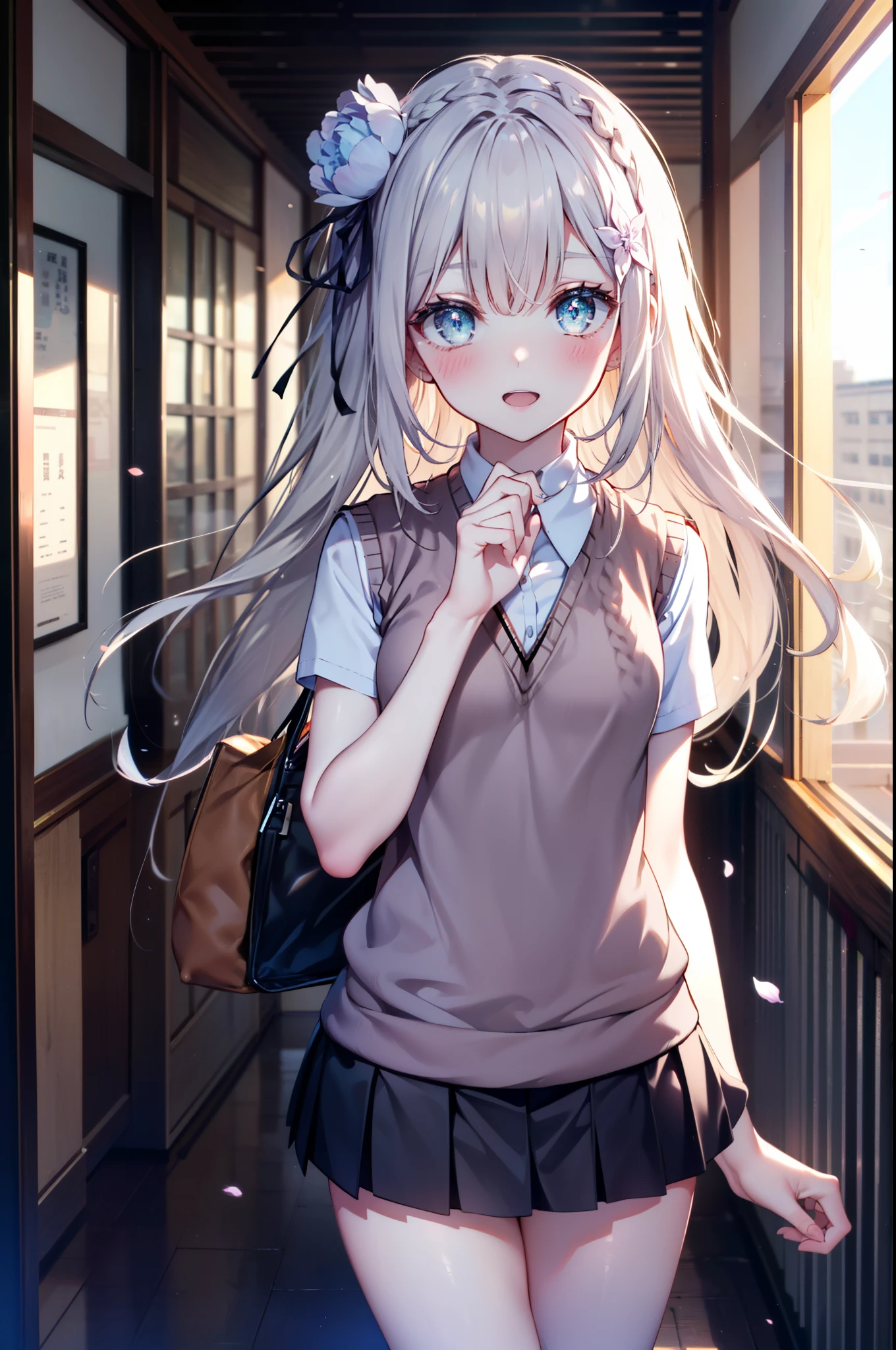 rezeroEmilia, Emilia, Braiding, crown Braiding, flower, hair flower, hair ornaments, Purple eyes,Long Hair,Hair Ribbon, smile,blush,Open your mouth,Black Abyss Glasses,White Y-shirt,Short sleeve,Sweater vest, (紫色 Sweater vest:1.5), ,Black pleated skirt,White knee-high socks,Brown Loafers,歩いている
break indoors, School　corridor,
break looking at viewer, (Cowboy Shot:1.5),
break (masterpiece:1.2), highest quality, High resolution, unity 8k wallpaper, (shape:0.8), (Beautiful and beautiful eyes:1.6), Highly detailed face, Perfect lighting, Highly detailed CG, (Perfect hands, Perfect Anatomy),