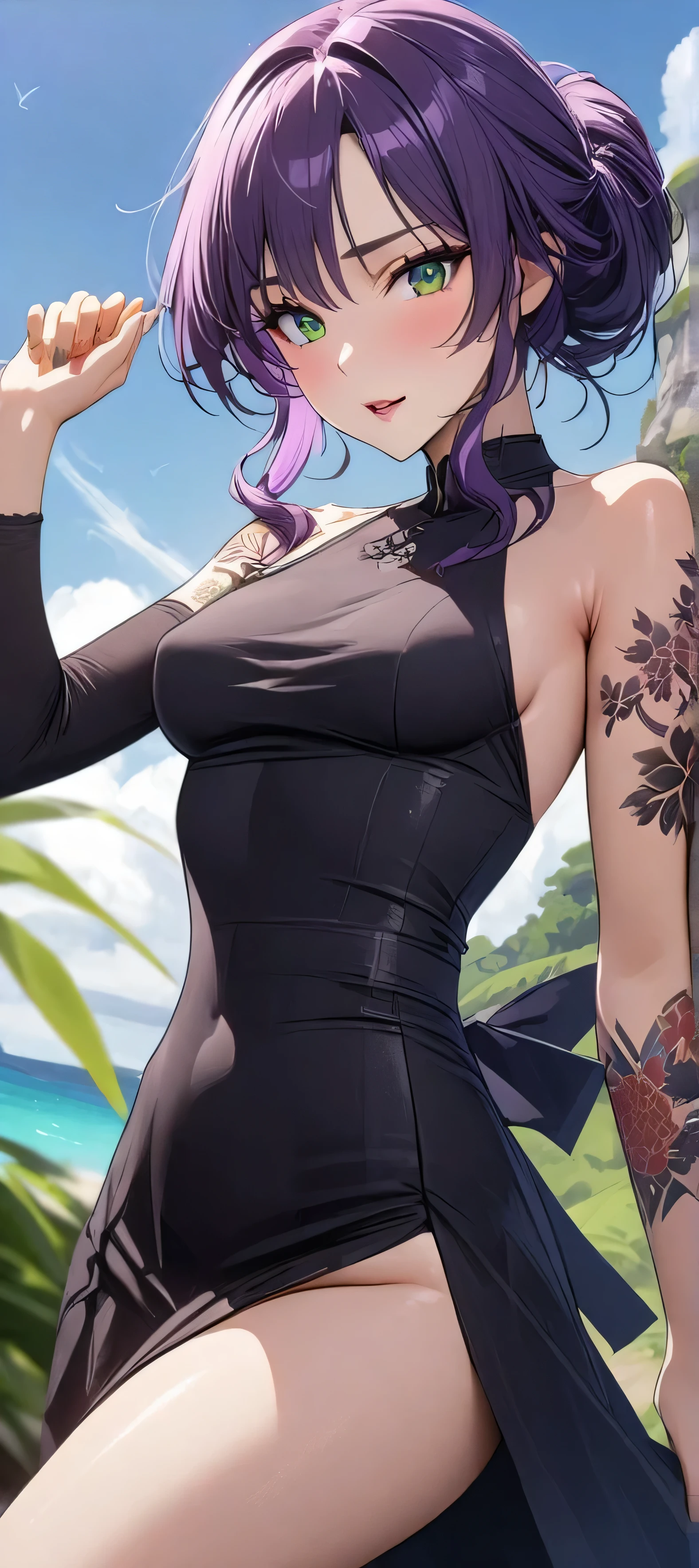 one arafed woman with purple hair and green eyes, japanese tattoo sleeve on her right arm, sexy dress, sfw, paridise island