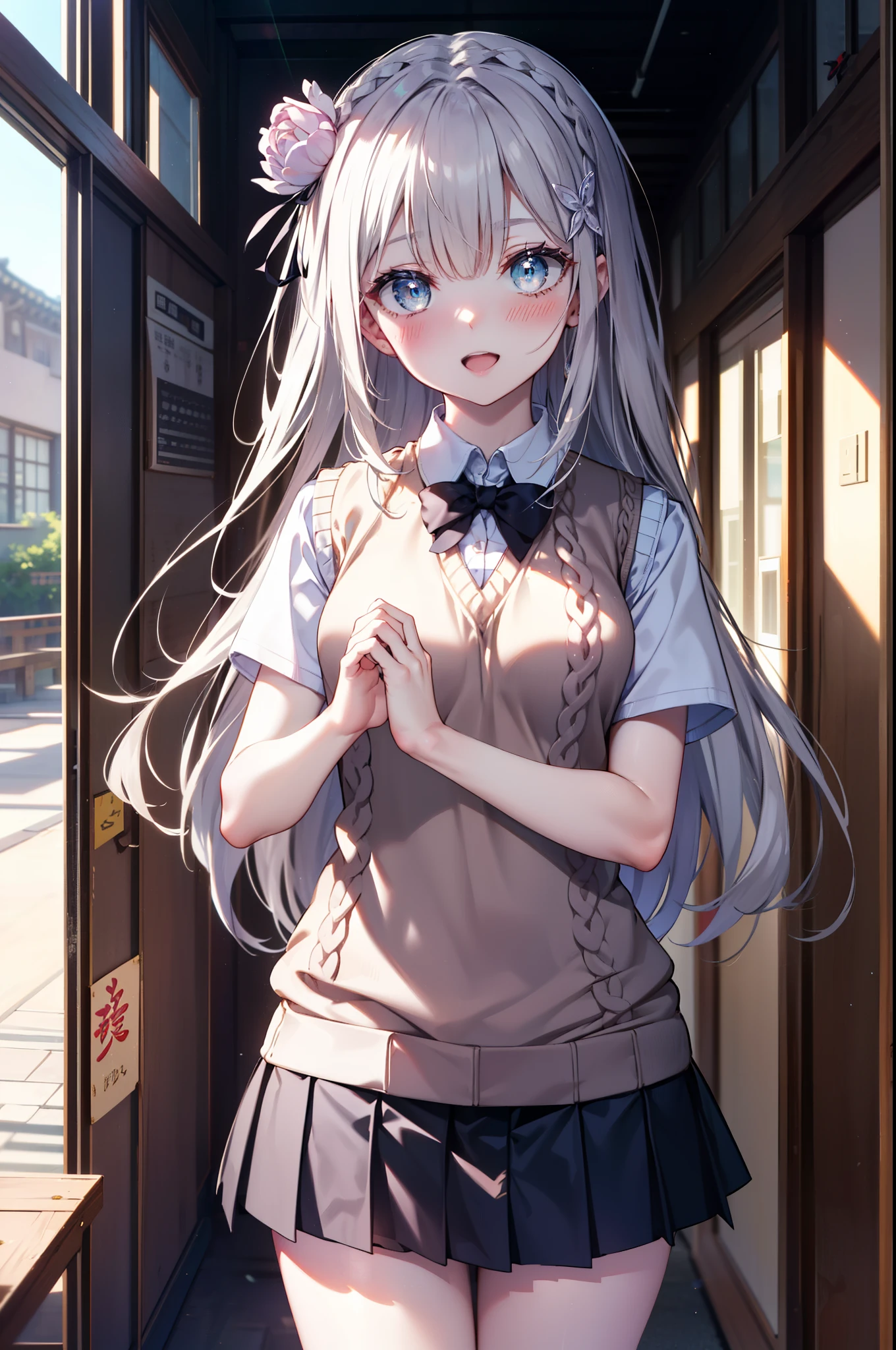 rezeroEmilia, Emilia, Braiding, crown Braiding, flower, hair flower, hair ornaments, Purple eyes,Long Hair,Hair Ribbon, smile,blush,Open your mouth,Black Abyss Glasses,White Y-shirt,Short sleeve,Sweater vest, (紫色 Sweater vest:1.5), ,Black pleated skirt,White knee-high socks,Brown Loafers,歩いている
break indoors, School corridor,
break looking at viewer, (Cowboy Shot:1.5),
break (masterpiece:1.2), highest quality, High resolution, unity 8k wallpaper, (shape:0.8), (Beautiful and beautiful eyes:1.6), Highly detailed face, Perfect lighting, Highly detailed CG, (Perfect hands, Perfect Anatomy),