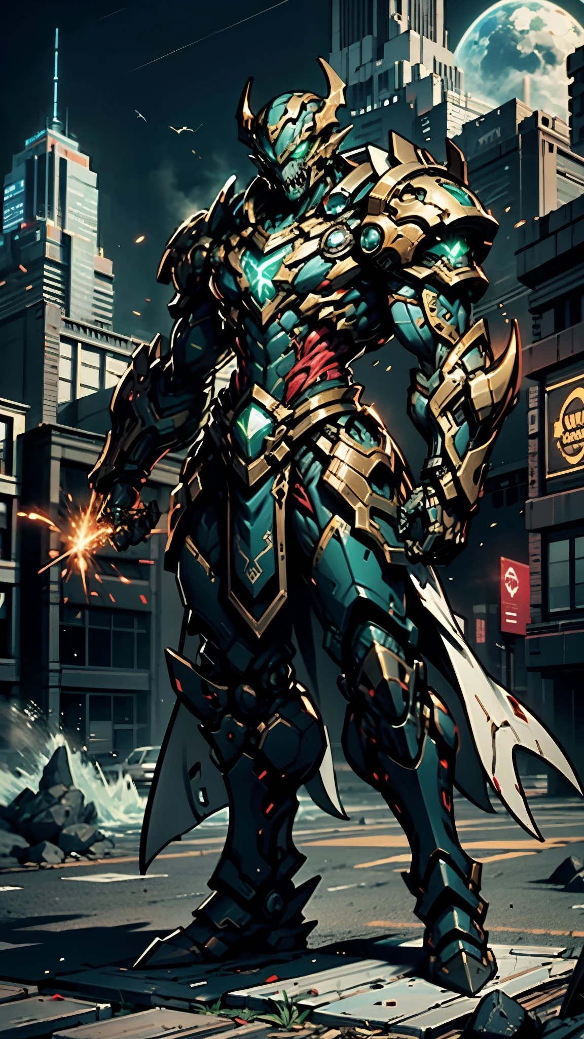 A man wearing a full-face helmet, a fantasy-style biotech armored combat suit, green eyes, (a composite layered chest armor), fully enclosed shoulder guards, matching arm and leg guards, the belt is adorned with fangs biting into orbs, (the color scheme is primarily black with red accents), the design balances heavy with agility, a high-tech bio-mecha armor, (Bat concept Armor, stand on the top of a skyscraper in a futuristic sci-fi city), this character embodies a finely crafted fantasy-surreal style armored hero in anime style, exquisite and mature manga art style, (element, plasma, energy, the armor glows), ((male:1.5)), metallic, real texture material, dramatic, high definition, best quality, highres, ultra-detailed, ultra-fine painting, extremely delicate, professional, perfect body proportions, golden ratio, anatomically correct, symmetrical face, extremely detailed eyes and face, high quality eyes, creativity, RAW photo, UHD, 32k, Natural light, cinematic lighting, masterpiece-anatomy-perfect, masterpiece:1.5