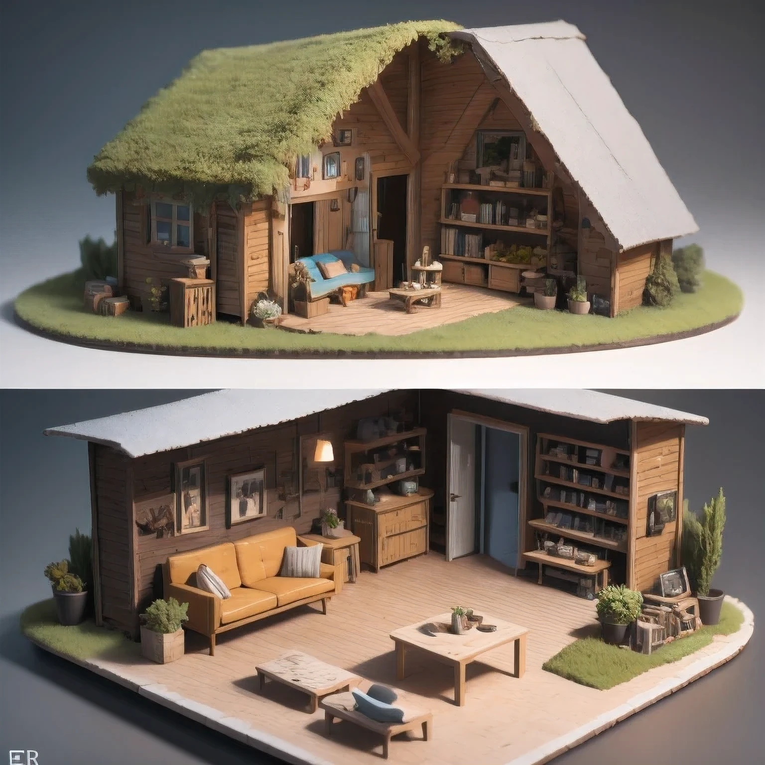 there is a small model of a small house with a roof, diorama model, highly detailed sculpey diorama, surreal sci fi set design, highly detailed diorama, diorama, detailed scene, eeri, miniature model, backside of scenography elements, by Lee Loughridge, by Brigette Barrager, diorama picture, witch hut with a couch and a tv, stylized 3d render, adventure hyper realistic render, daily render, hyper detailed 3 d render, highly detailed diorama, hyper detailed 3d render, extreme render, highly detailed 3 d render, highly detailed 3d render, super detailed render, very detailed render, 3 d videogame render，stylized 3d render, 3 d render stylized, cute 3 d render, hyper detailed 3 d render, hyper detailed 3d render, daily render, stylized as a 3d render, very detailed render, 3 d stylize scene, super detailed render, fully detailed render, highly detailed 3d render