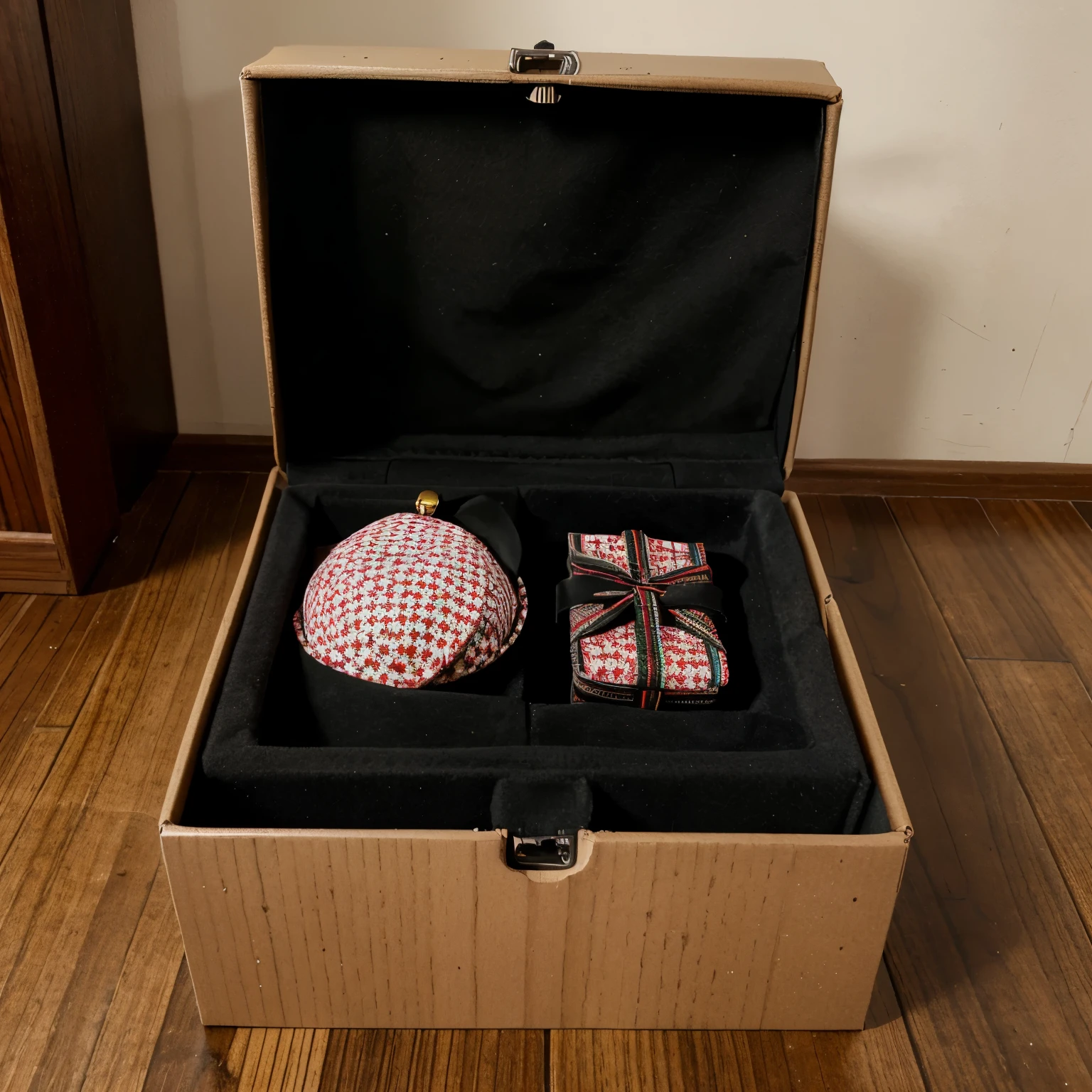 A logo that has a collar that is surrounding a box that is in the middle and that the box has in the name of the company that is called "accesorios en cajitas '