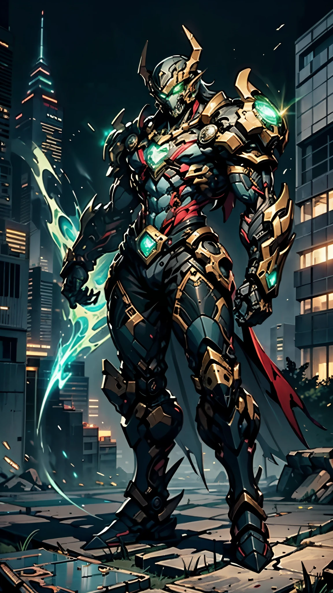 A man wearing a full-face helmet, a fantasy-style biotech armored combat suit, green eyes, (a composite layered chest armor), fully enclosed shoulder guards, matching arm and leg guards, the belt is adorned with fangs biting into orbs, (the color scheme is primarily black with red accents), the design balances heavy with agility, a high-tech bio-mecha armor, (Bat concept Armor, stand on the top of a skyscraper in a futuristic sci-fi city), this character embodies a finely crafted fantasy-surreal style armored hero in anime style, exquisite and mature manga art style, (element, plasma, energy, the armor glows), ((male:1.5)), metallic, real texture material, dramatic, high definition, best quality, highres, ultra-detailed, ultra-fine painting, extremely delicate, professional, perfect body proportions, golden ratio, anatomically correct, symmetrical face, extremely detailed eyes and face, high quality eyes, creativity, RAW photo, UHD, 32k, Natural light, cinematic lighting, masterpiece-anatomy-perfect, masterpiece:1.5